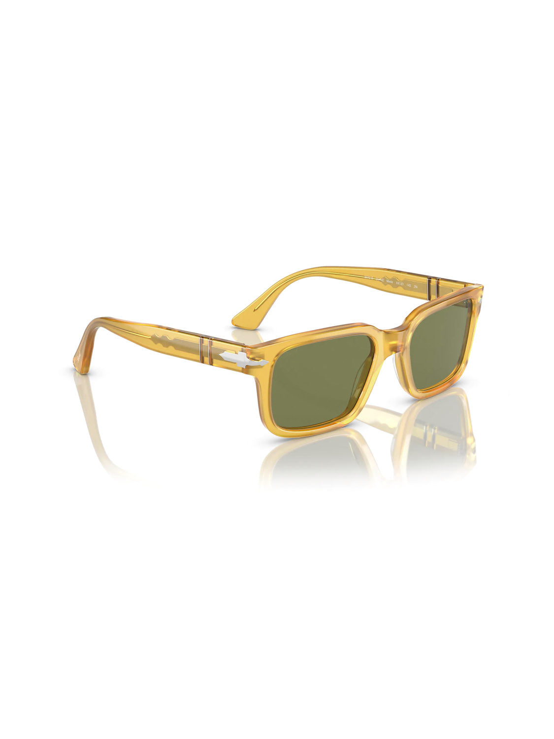 Persol - PO3272 sunglasses feature a transparent yellow rectangular D-frame with green lenses and geometric patterns on the arms, displayed on a reflective white surface.