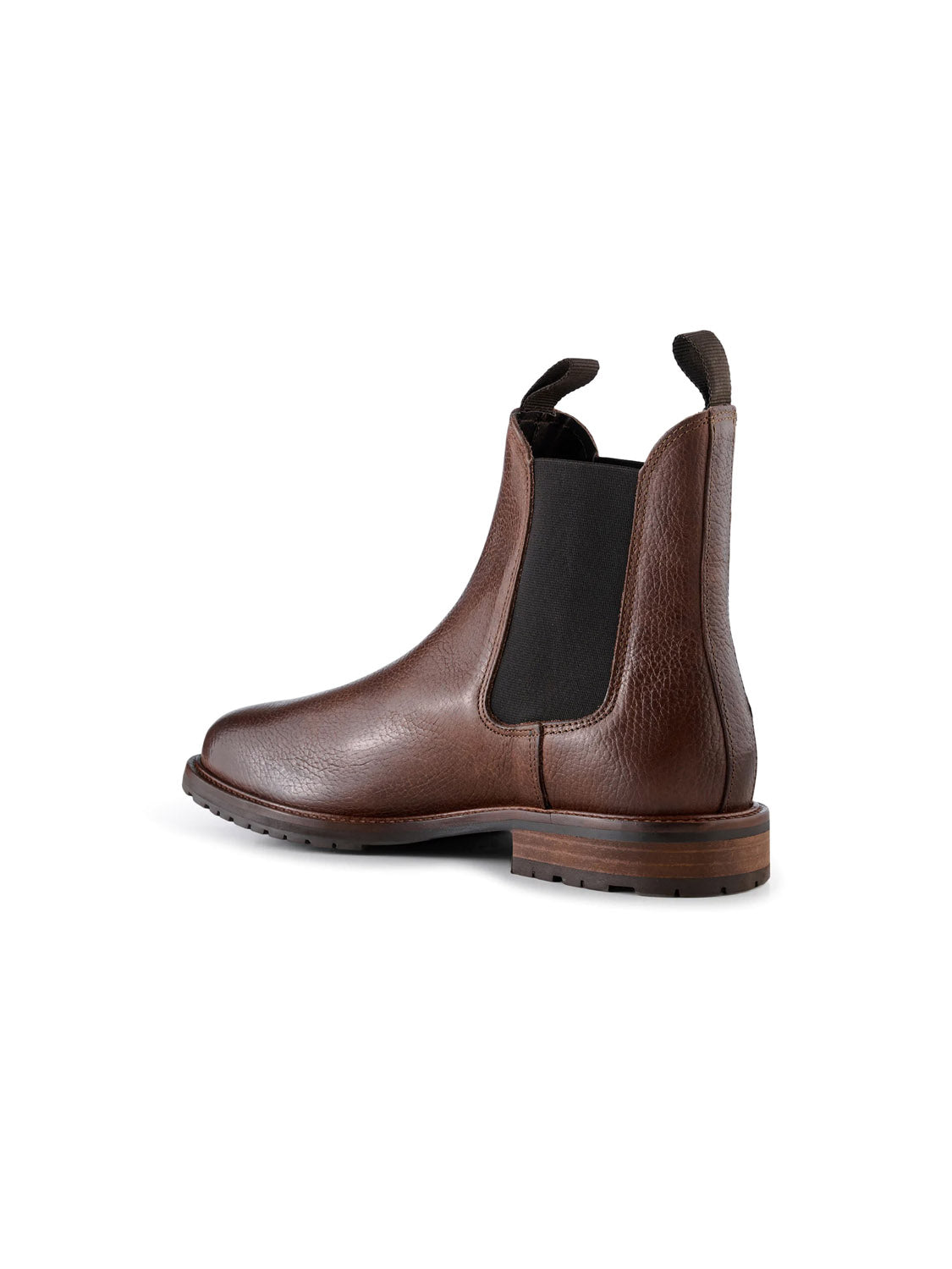 The York Classic Chelsea Boot by Shoe The Bear features a textured brown leather upper crafted from LWG-certified materials, black elastic side panels, pull tabs, and a flexible rubber outsole with a sturdy heel, all showcased on a white background.
