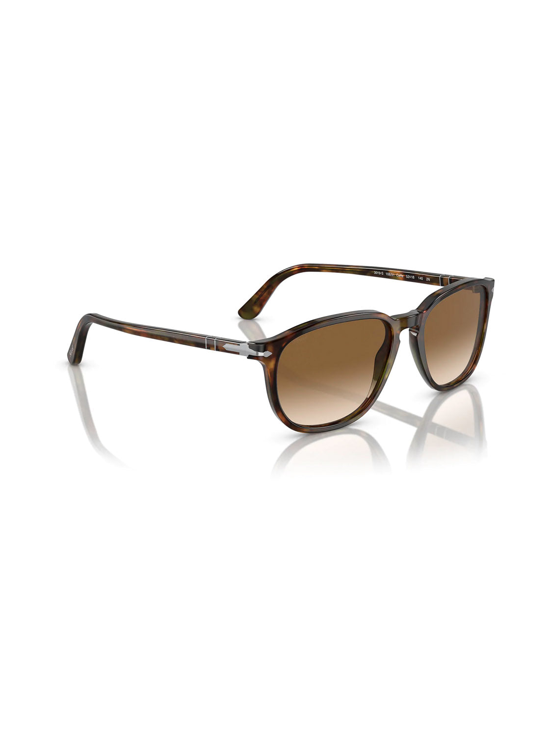The Persol PO3019 sunglasses feature a square-shaped tortoiseshell design with a Crystal Lens Acetate Frame, brown gradient lenses, and thin arms, all displayed on a pristine white background.