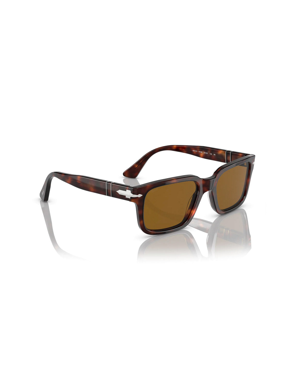 The Persol PO3272 sunglasses feature tortoise shell frames with rectangular brown lenses and metal decorative details on the temples, presented against a white reflective surface.