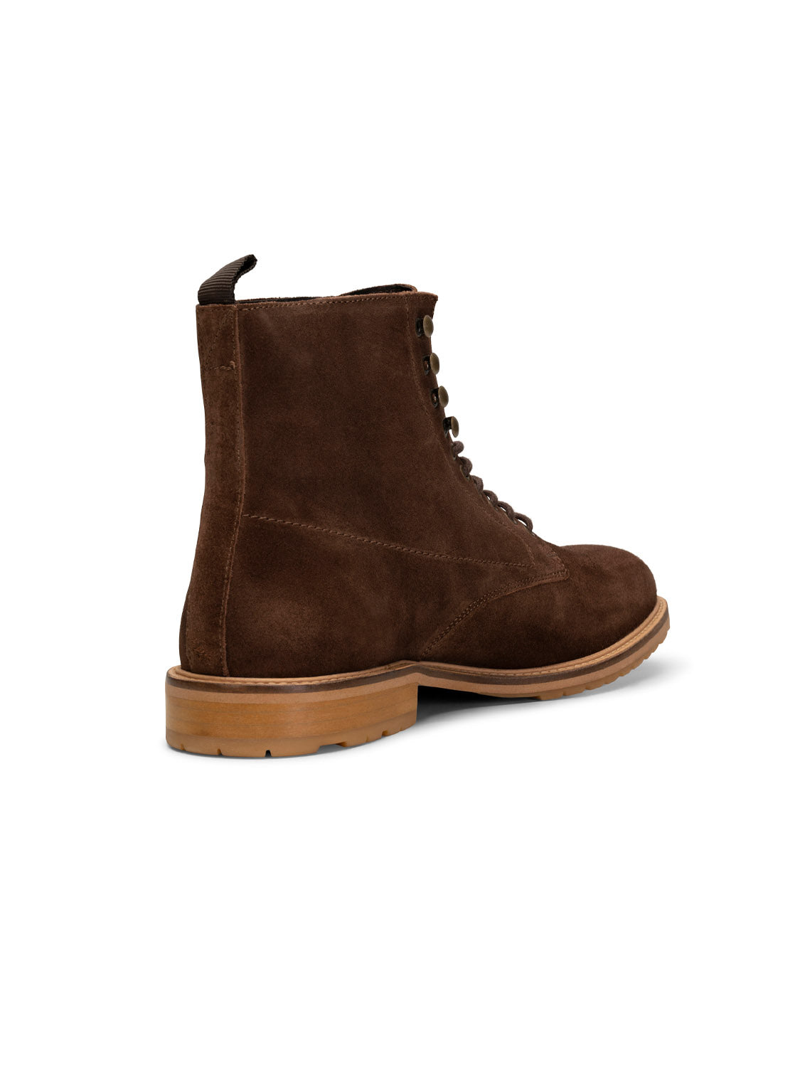 The York Suede Lace Up Boot by Shoe The Bear is a LWG-certified brown suede ankle boot featuring matching laces, a light brown rubber sole, and a back pull tab. Angled to highlight its side profile, this beautifully handcrafted shoe from Portugal showcases its suede texture.