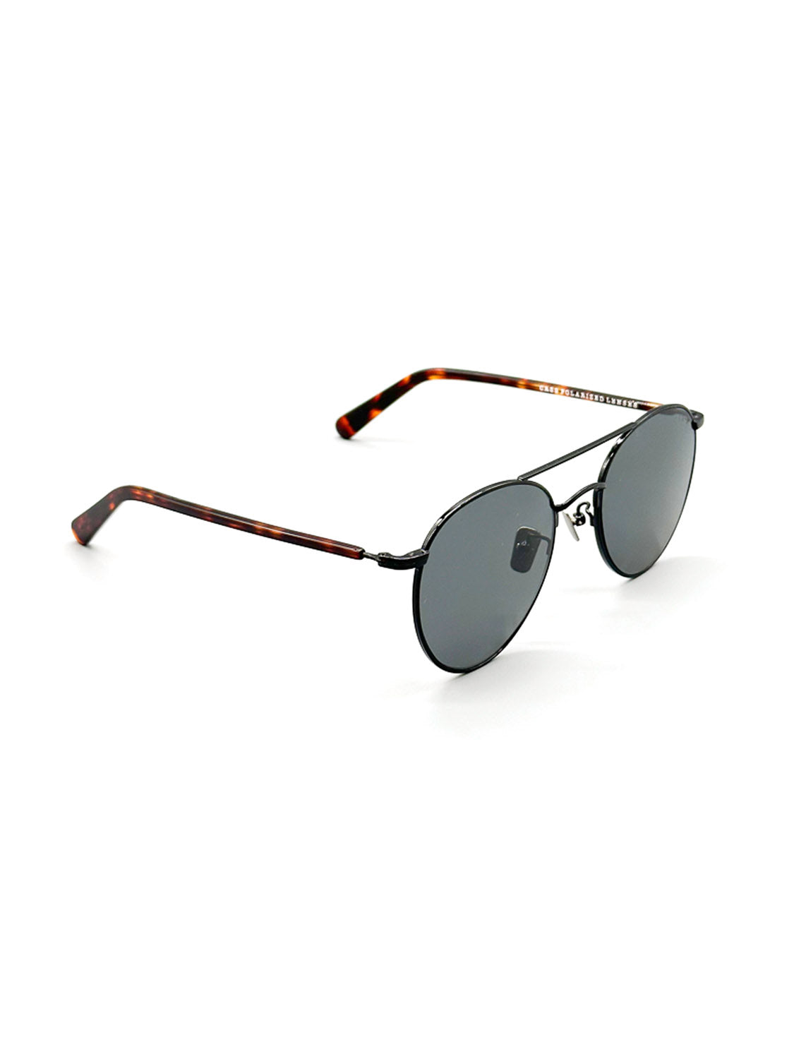The M433GY ID Polarized Sunglasses from ID Menswear are premium round sunglasses featuring dark CR39 polarized lenses, thin metal frames, and tortoiseshell-patterned Mazzucchelli Acetate arms on a crisp white background.