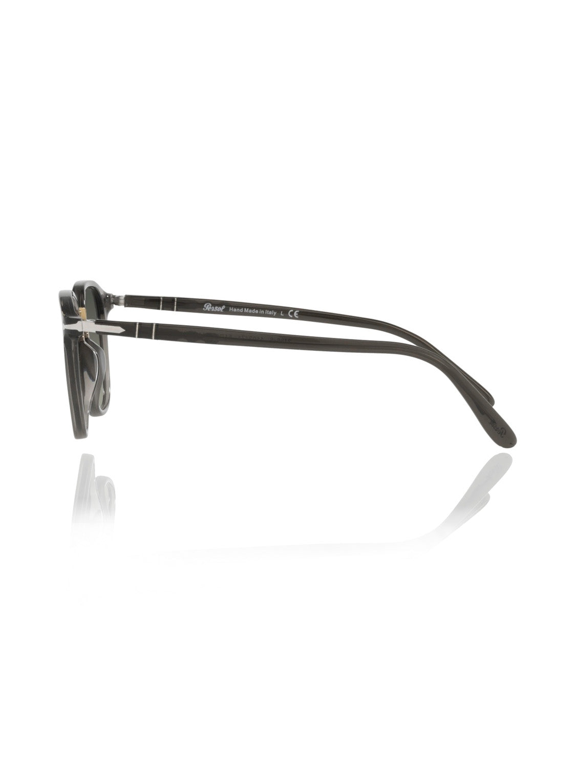 Side view of sleek black Persol PO3186 sunglasses with dark lenses and thin arms, featuring subtle silver accents at the hinges. The Meflecto system offers flexibility, with a white background highlighting their clean, minimalist design.