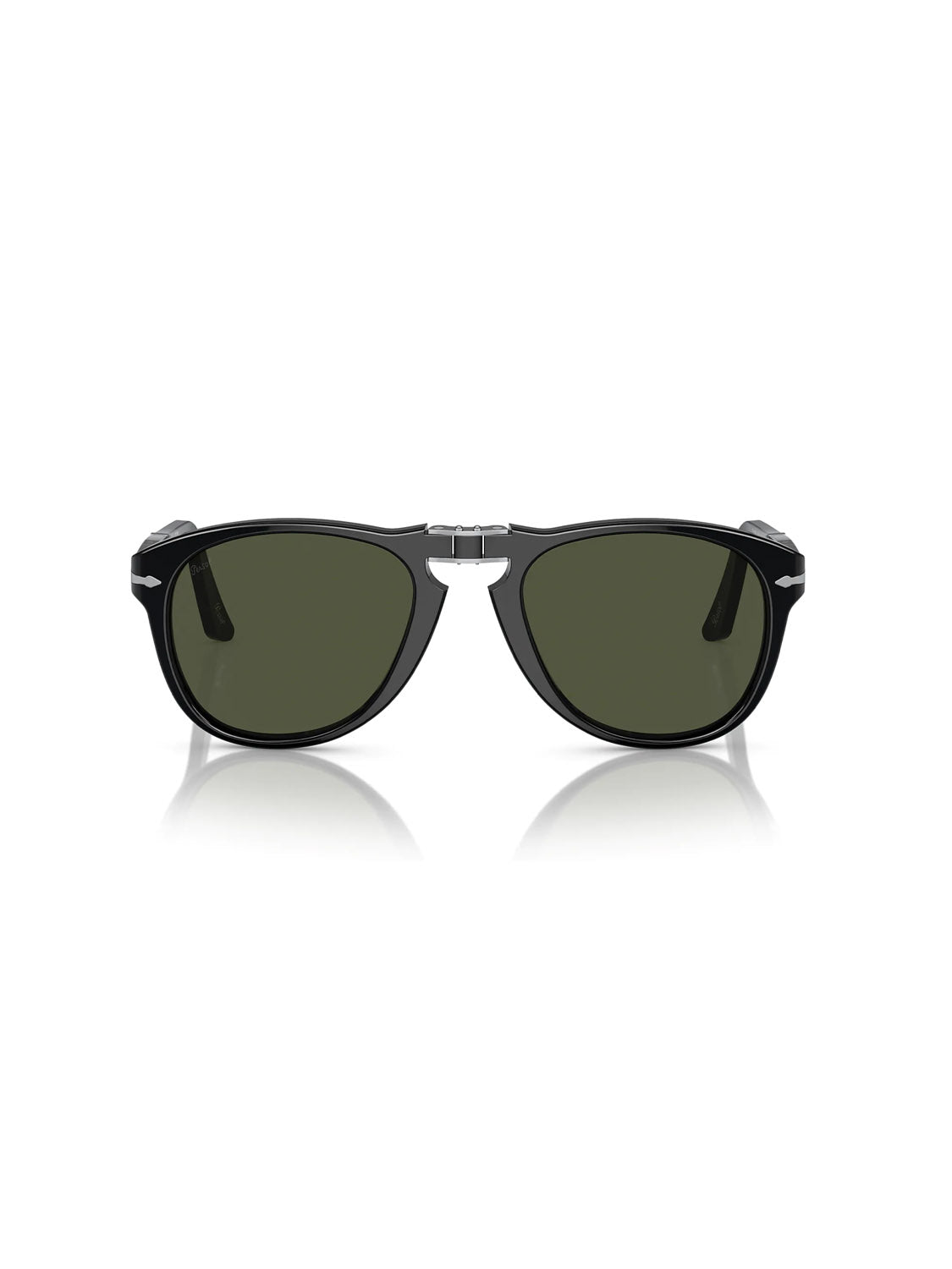 The Persol - PO714 sunglasses showcase a classic design in black, with dark green crystal lenses and subtle silver hinge details on the temples, all set against a white background.
