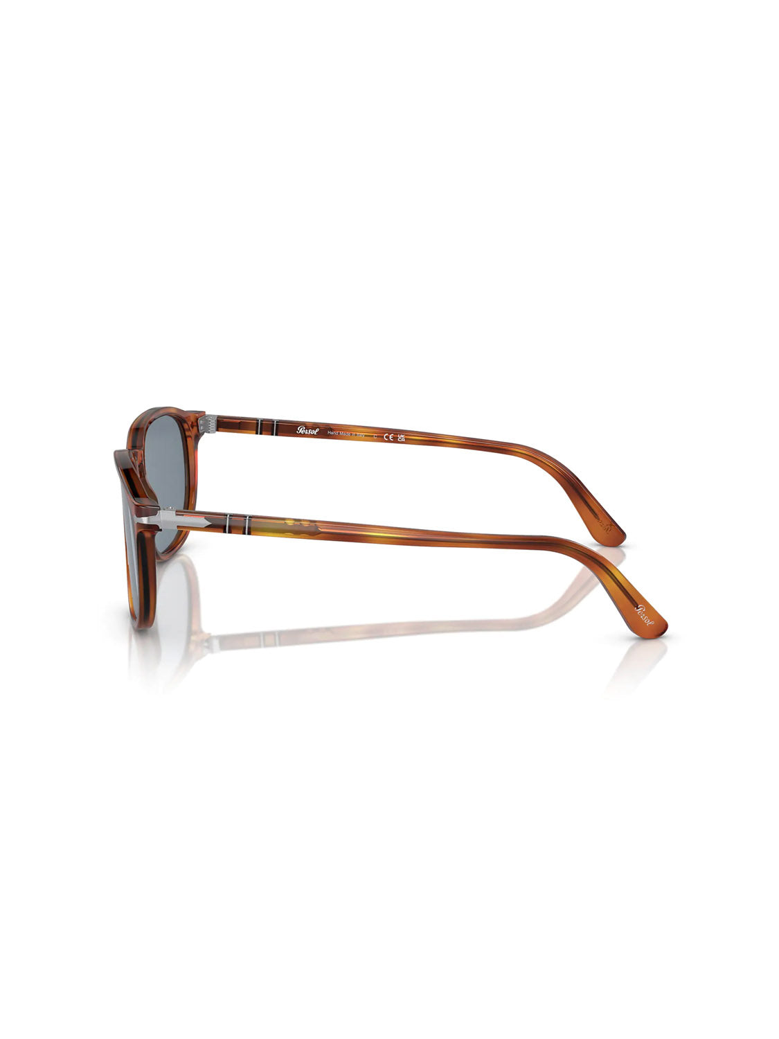 Side view of Persol - PO3019 brown tortoiseshell sunglasses featuring tinted lenses and a crystal lens acetate frame. The sleek design includes slightly curved arms, a glossy finish, and the innovative Meflecto system for extra comfort.
