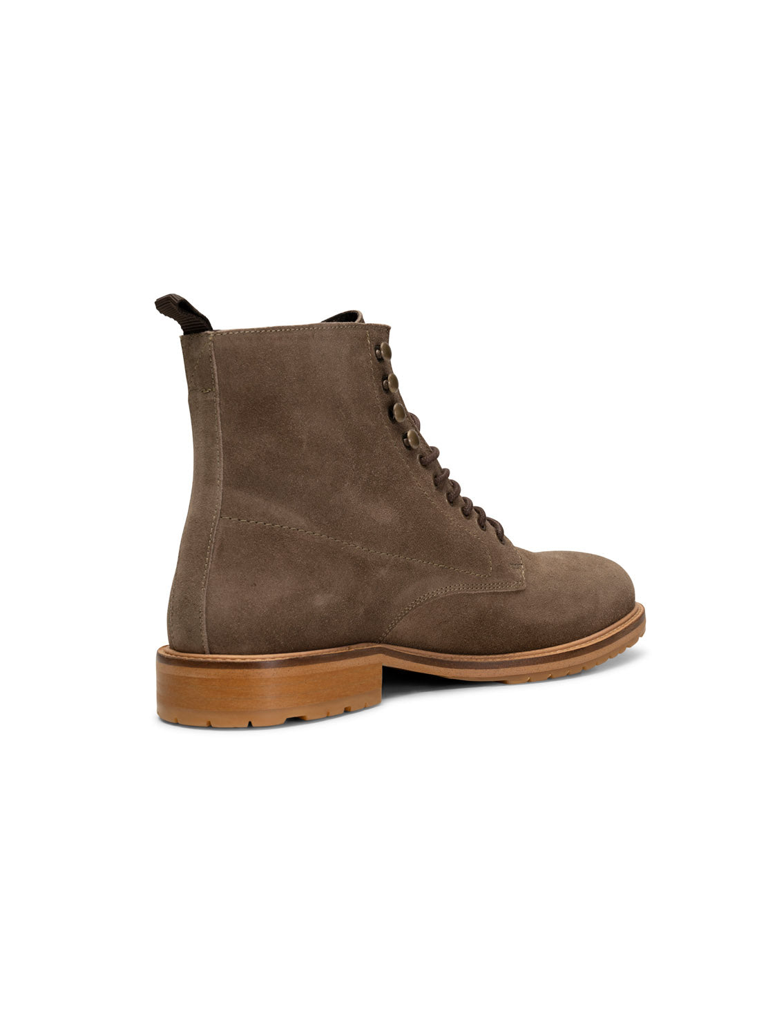 The York Suede Lace Up Boot by Shoe The Bear is a single brown LWG-certified suede boot with a wooden sole and visible stitching. Made in Portugal, it features round laces, a pull tab at the back, and is showcased on a light, flat surface.