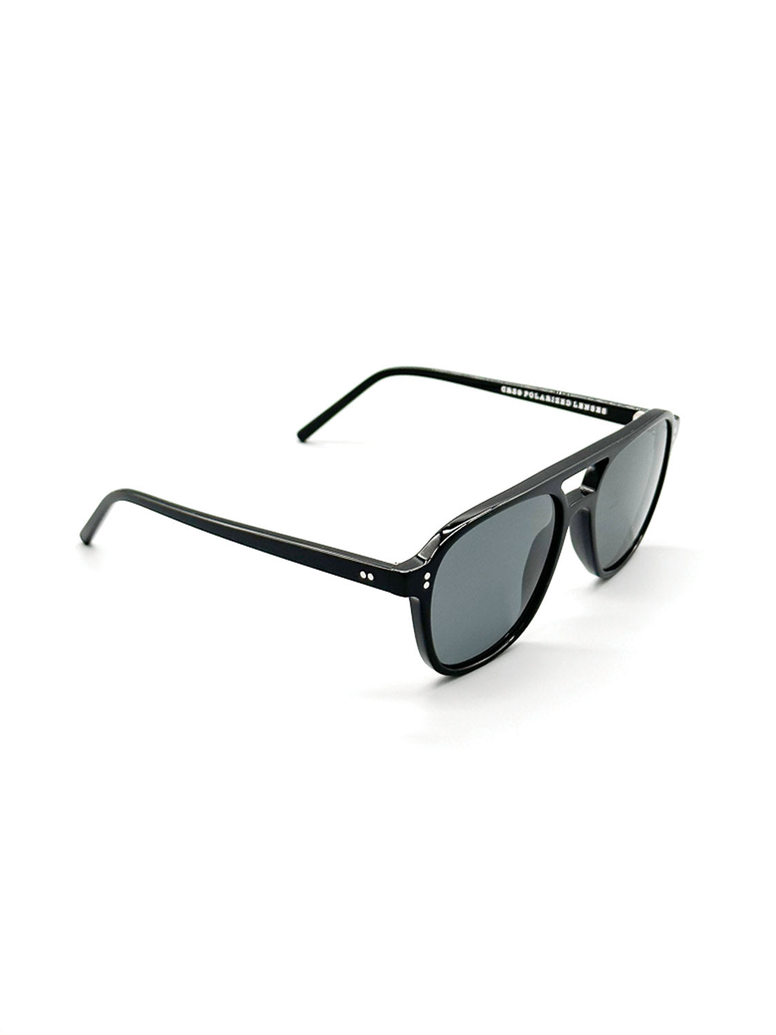 A145G ID Polarized Sunglasses by ID Menswear feature a black rectangular Mazzucchelli acetate frame with a glossy finish, slim arms, and dark UV400 lenses, shown angled on a white background for stylish, everyday wear.