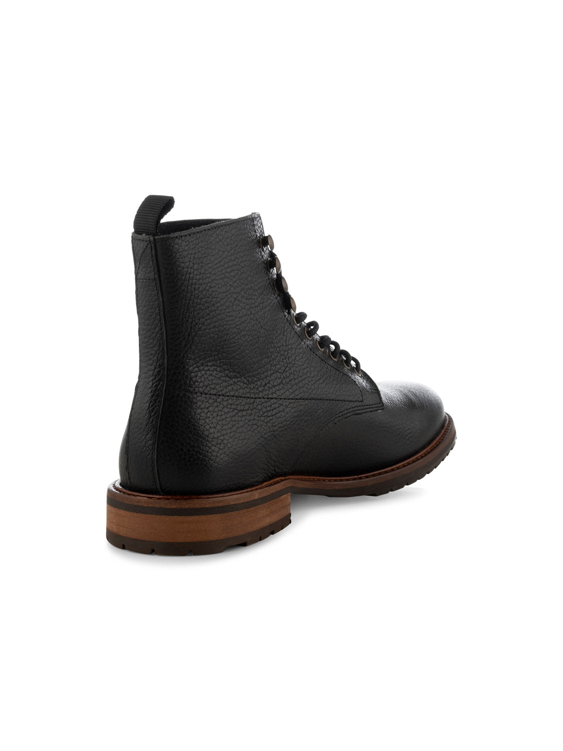 York Lace Up Leather Boot by Shoe The Bear: A handcrafted black leather boot with a textured finish, made in Portugal from LWG-certified leather. It features a wooden sole and rear pull tab, beautifully angled to highlight its heel and side.