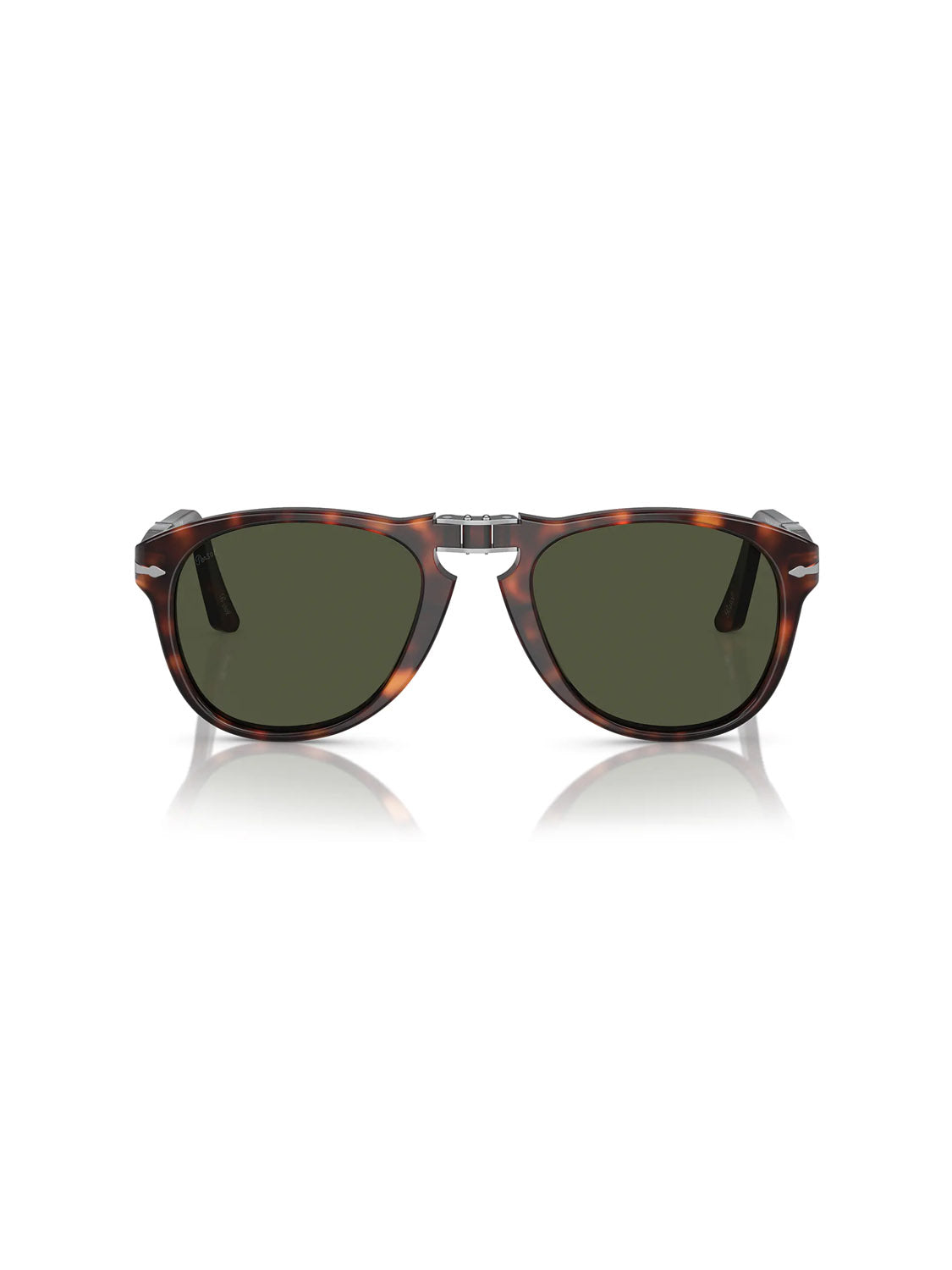 Persols PO714 sunglasses feature a brown tortoiseshell acetate frame with green crystal lenses, elegantly showcased from the front against a white background.