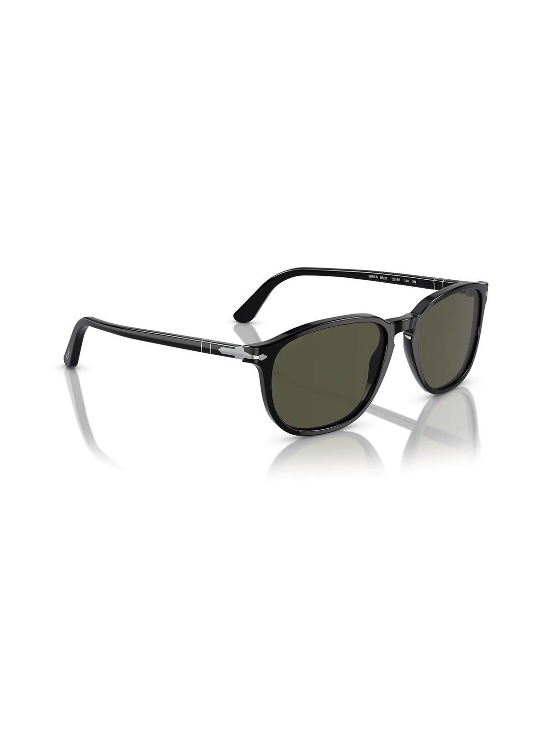 Persol - PO3019 sunglasses feature a classic rectangular Crystal Lens Acetate Frame with green-tinted lenses. Set on a reflective white surface, they boast sleek arms with subtle hinge detailing for sophisticated style.