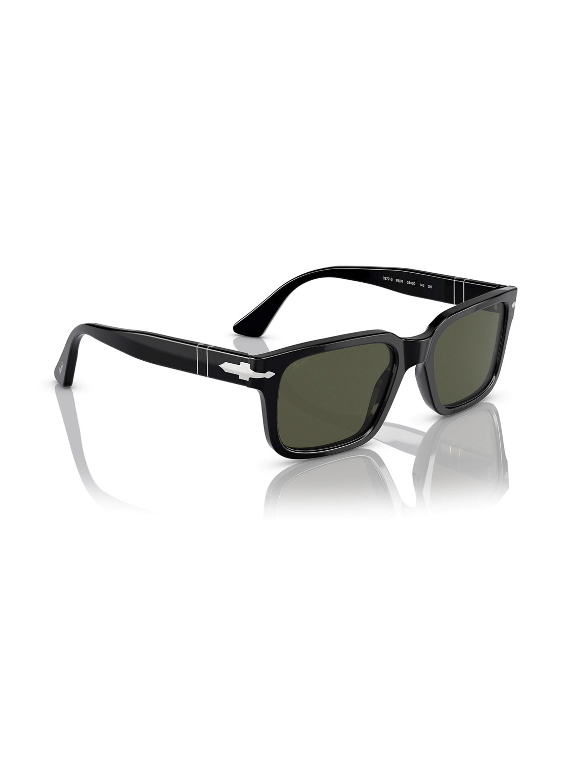 Black rectangular Persol - PO3272 sunglasses with a D-frame and dark green lenses sit on a reflective white surface, featuring sleek metallic accents on the temples that embody classic elegance.