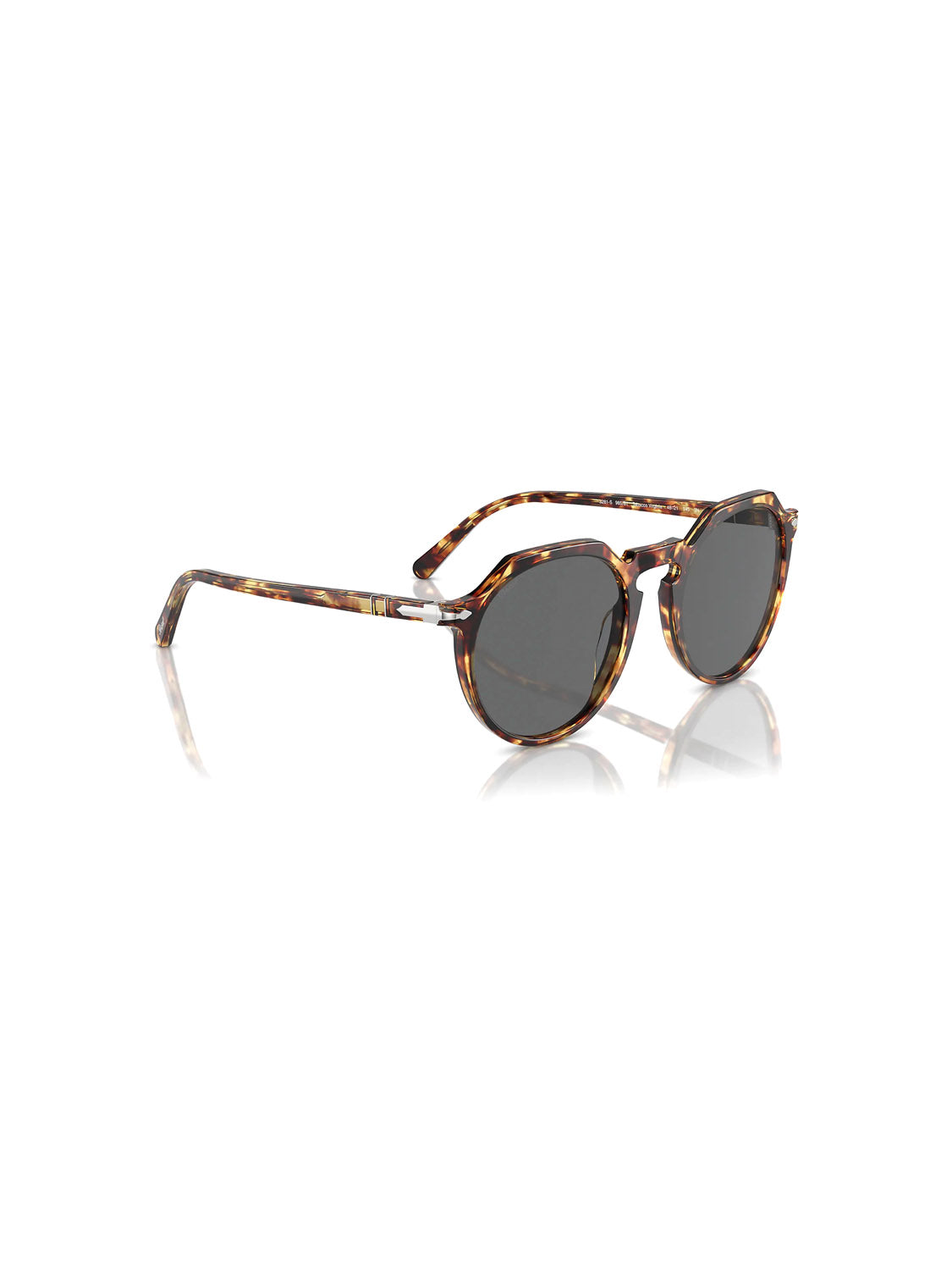 The Persol PO3281 sunglasses feature tortoiseshell acetate frames and dark lenses, set against a plain white background. The slightly tilted arms display the pattern and hinge details, echoing vintage Persol aesthetics.