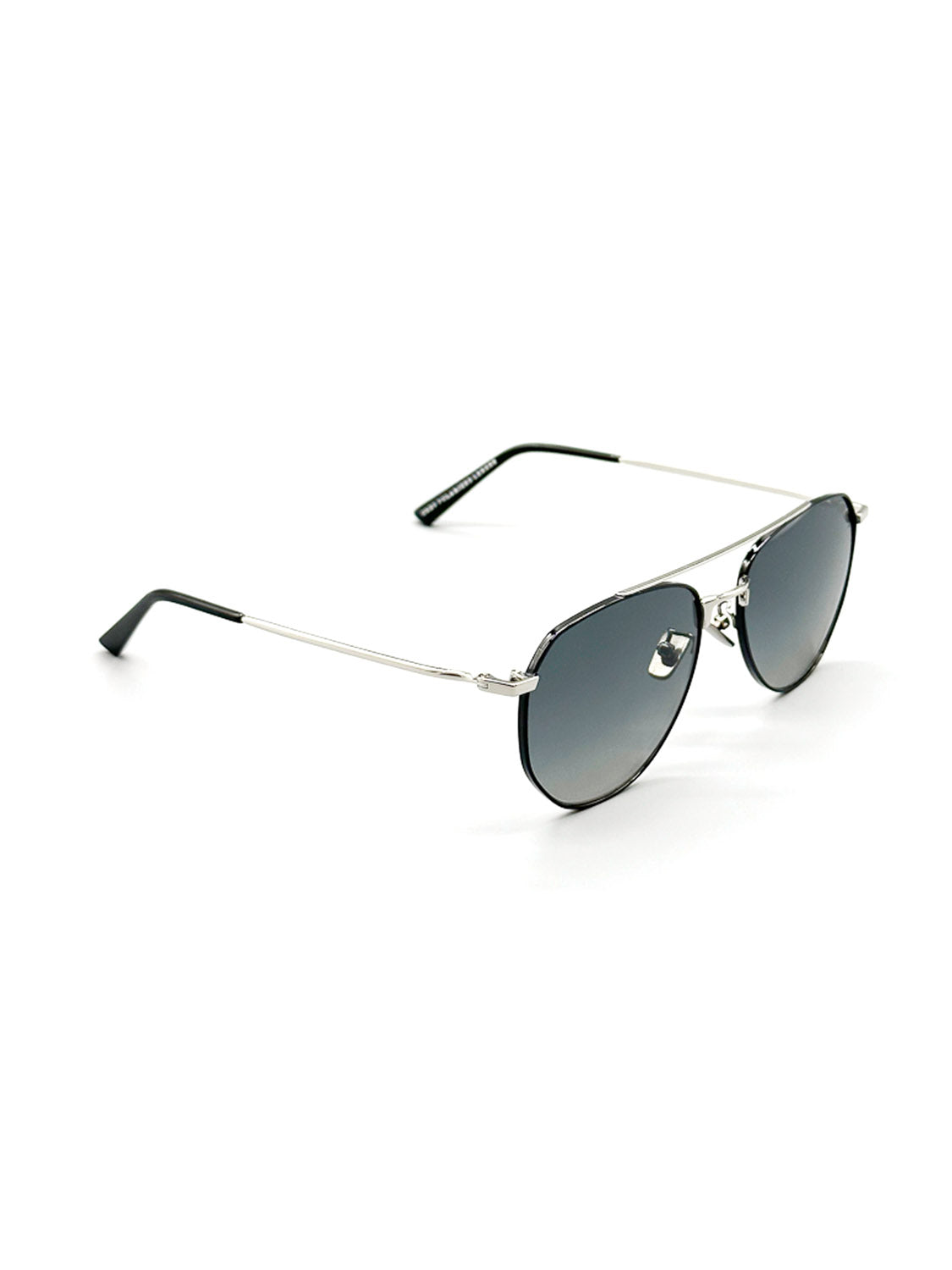 ID Menswears M417GG ID Polarized Sunglasses feature sleek silver frames with UV400 dark round lenses. The black temple tips complement their angled placement against a white background, exuding style and functionality.
