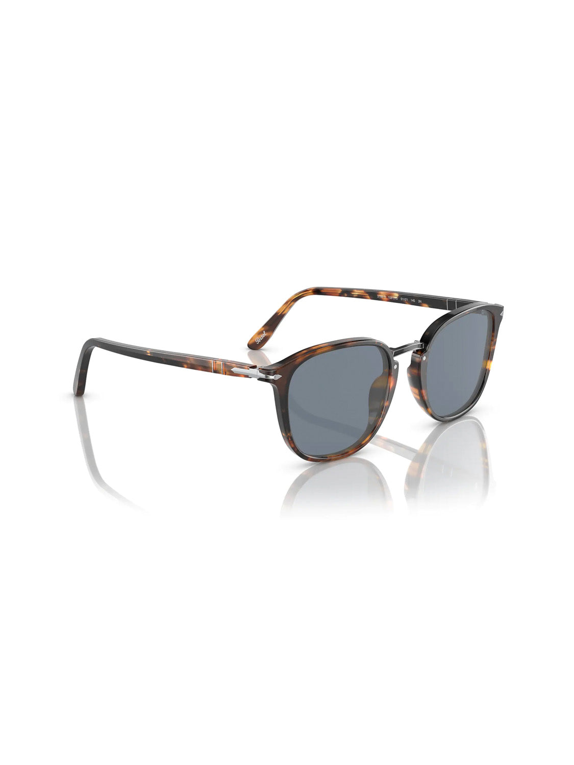 Persol - PO3186 sunglasses, featuring round dark-tinted lenses and a tortoiseshell-patterned acetate frame, utilize the Meflecto system for comfortable arm extension and elegantly reflect light on a pristine white background.