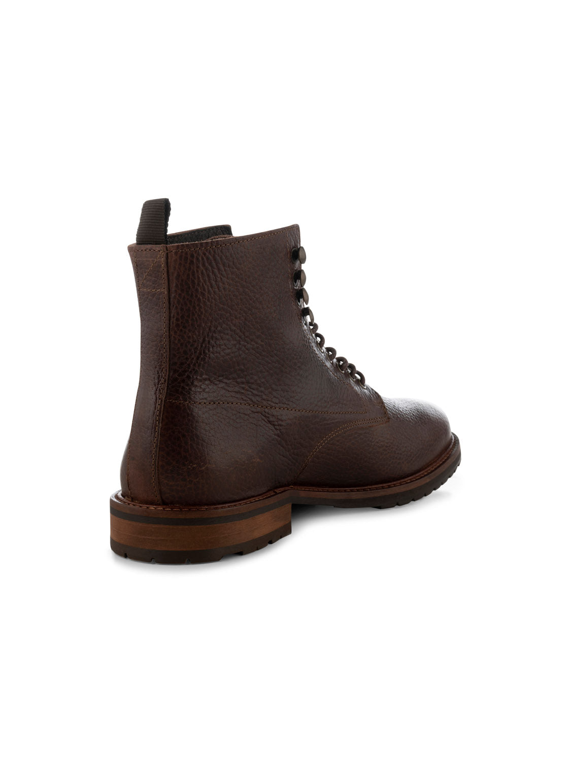 The York Lace Up Leather Boot by Shoe The Bear is displayed from a rear side angle, showcasing its craftsmanship with LWG-certified leather in Portugal. It has a textured finish, a dark sole with light brown accents, and a pull tab at the back.