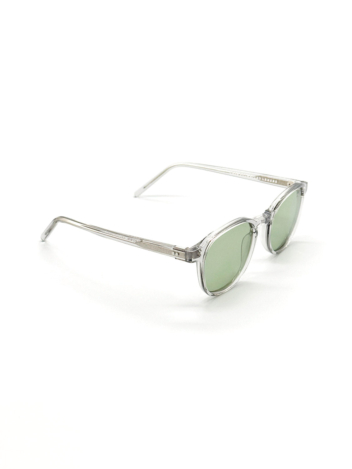 The A144C3LG ID Polarized Sunglasses by ID Menswear feature clear frames and round, light green CR39 polarized lenses with UV400 protection, shown on a white background highlighting both the front and side of the design.