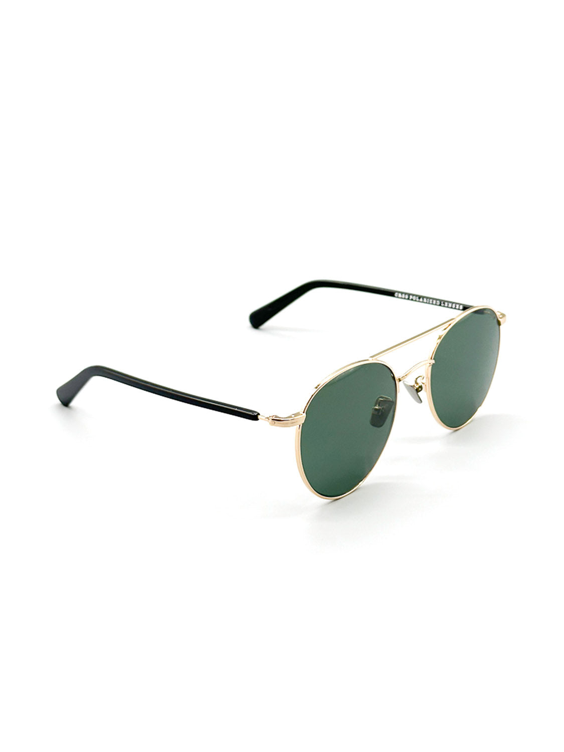 The M433G ID Polarized Sunglasses by ID Menswear feature gold metal frames, polarized dark green lenses, and black temples made from Mazzucchelli Acetate with gold hinge accents. Set against a white background, these sunglasses exude elegance and style.