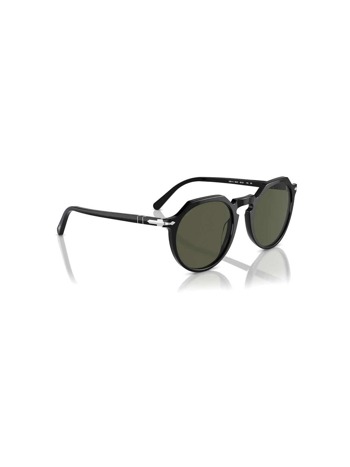The Persol - PO3281 sunglasses feature round green-tinted lenses in a sleek acetate frame with silver accents near the hinges, embodying a classic vintage style. They are elegantly displayed on a reflective white surface.