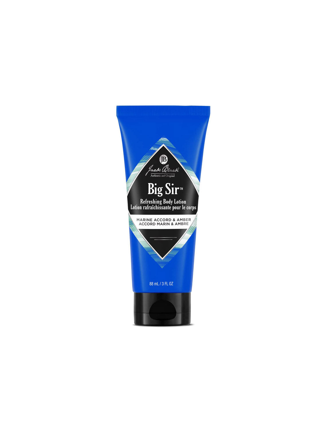 A blue tube of Jack Black Big Sir Refreshing Body Lotion with a black flip-top cap and diamond-shaped label pairs well with Jack Black Big Sir Body and Hair Cleanser for a refreshing wash.