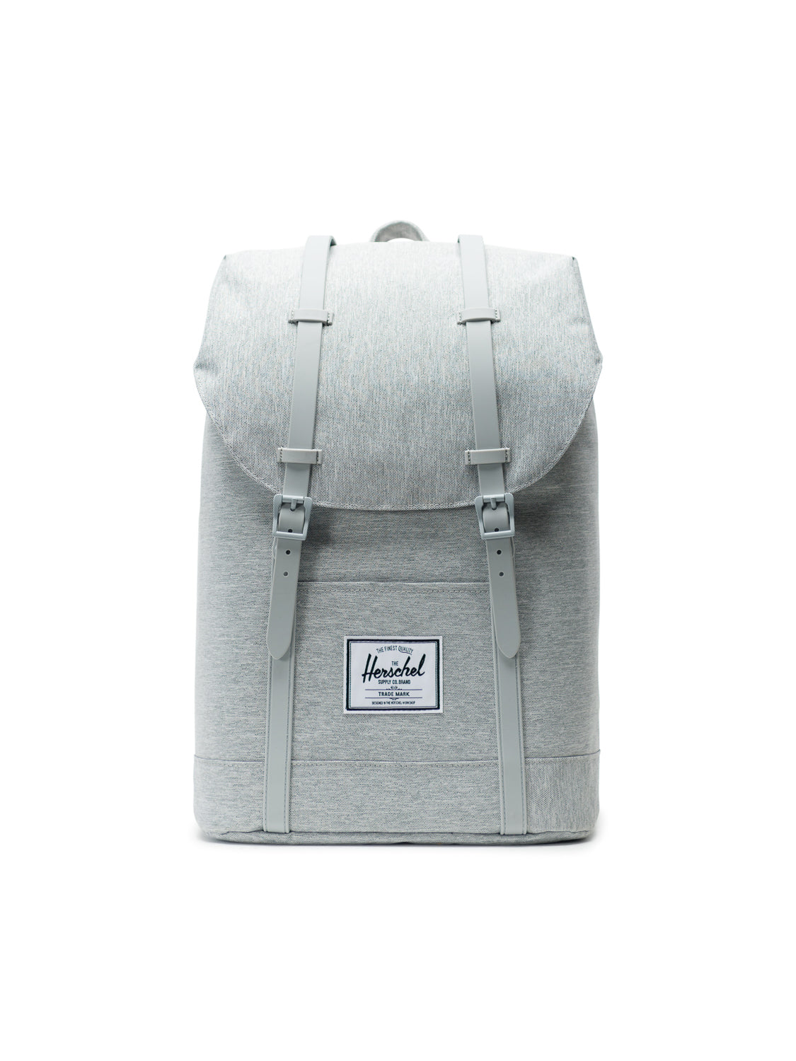 The Herschel Retreat Backpack is light gray with a flap closure, two front buckle straps, a laptop sleeve, and a white Herschel logo patch on the front pocket, displayed against a white background.