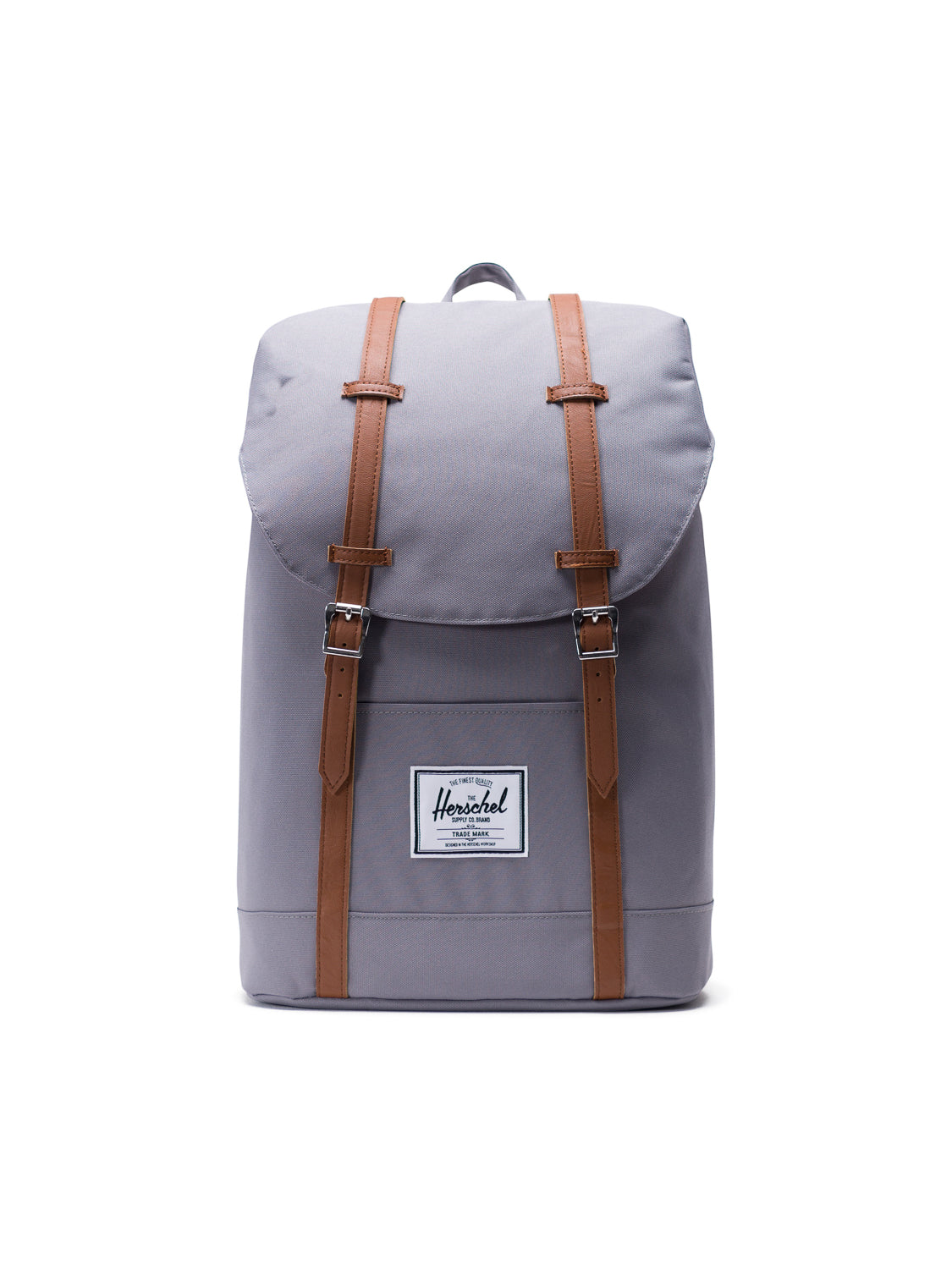 A gray Herschel Retreat Backpack with brown leather straps and a white rectangular Herschel logo patch on the front, shown against a plain white background.