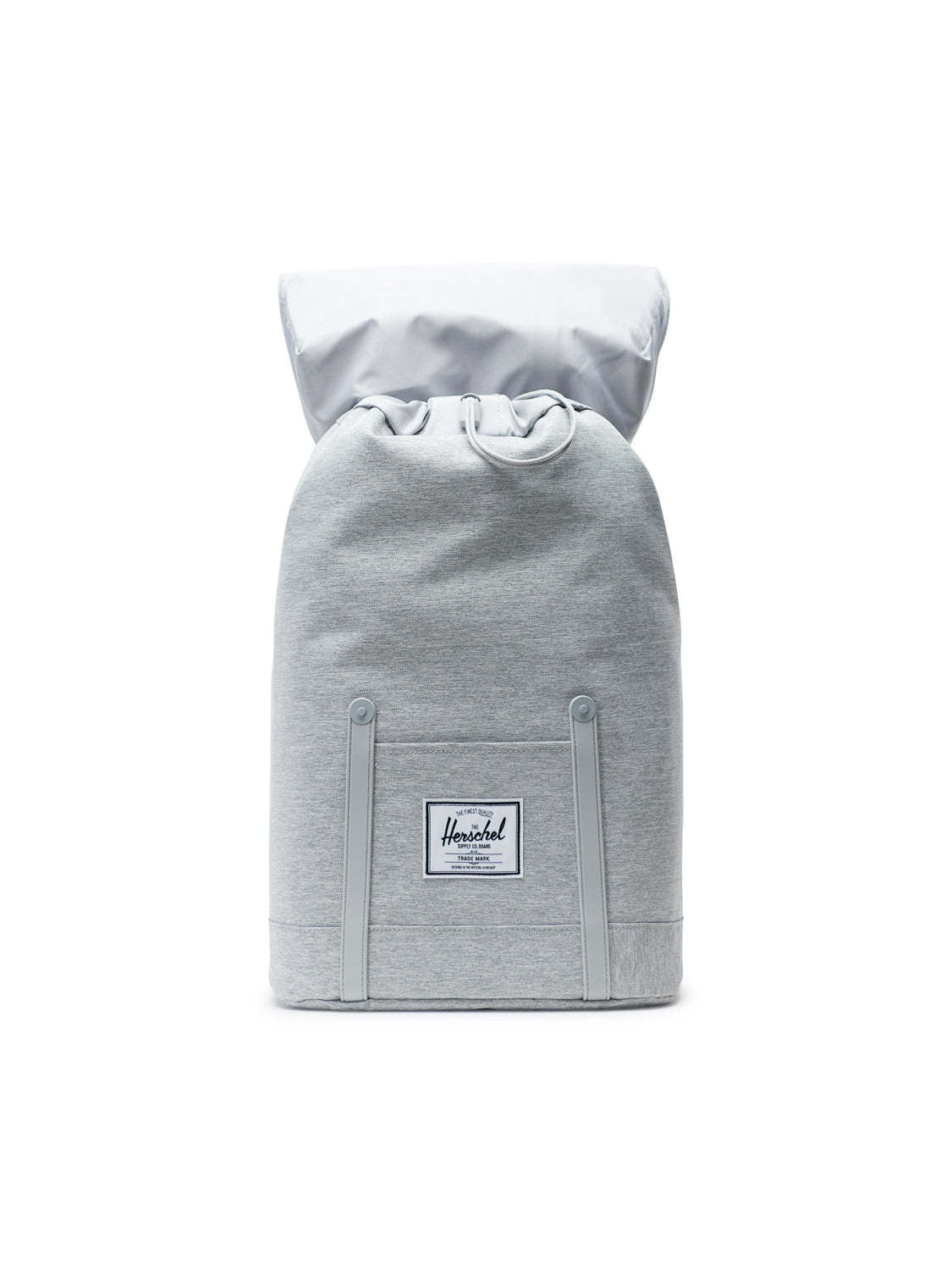 The Herschel Retreat Backpack in light grey features a white flap, drawstring closure, front logo patch, and internal laptop sleeve—ideal as a versatile laptop backpack. Shown on a plain white background.