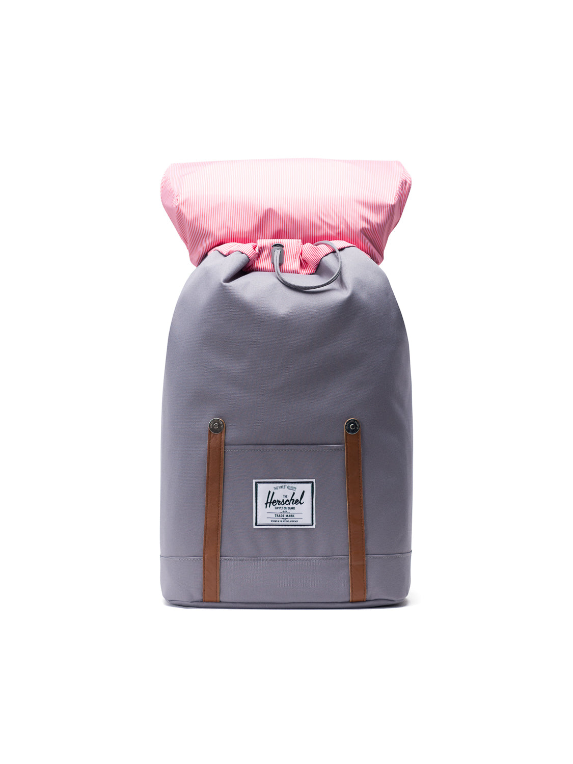 A gray Herschel Retreat Backpack with brown straps, a front pocket featuring the Herschel logo, and a pink-and-white striped top flap closure.