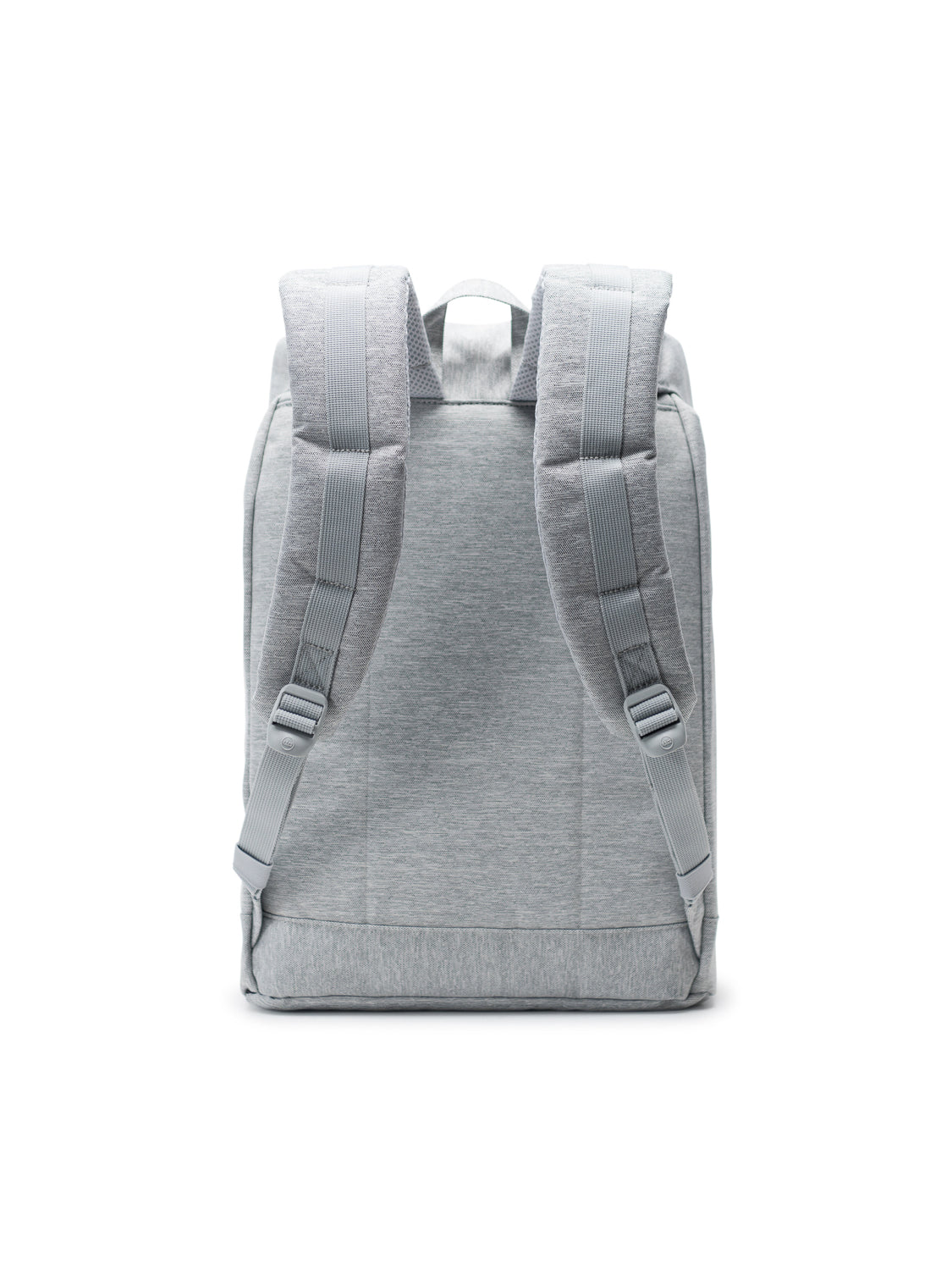 The Herschel Retreat Backpack is displayed from the back in light gray, showing its two padded shoulder straps, adjustable buckles, and top handle against a white background.