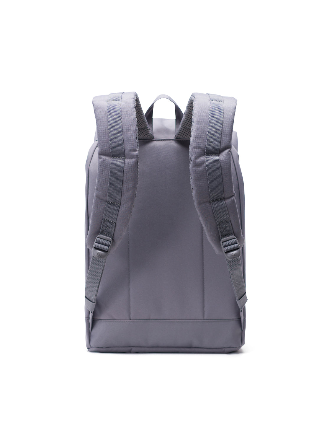 The Herschel Retreat Backpack is shown from the back in gray, featuring two padded shoulder straps, a top handle, and a simple, minimalist design.