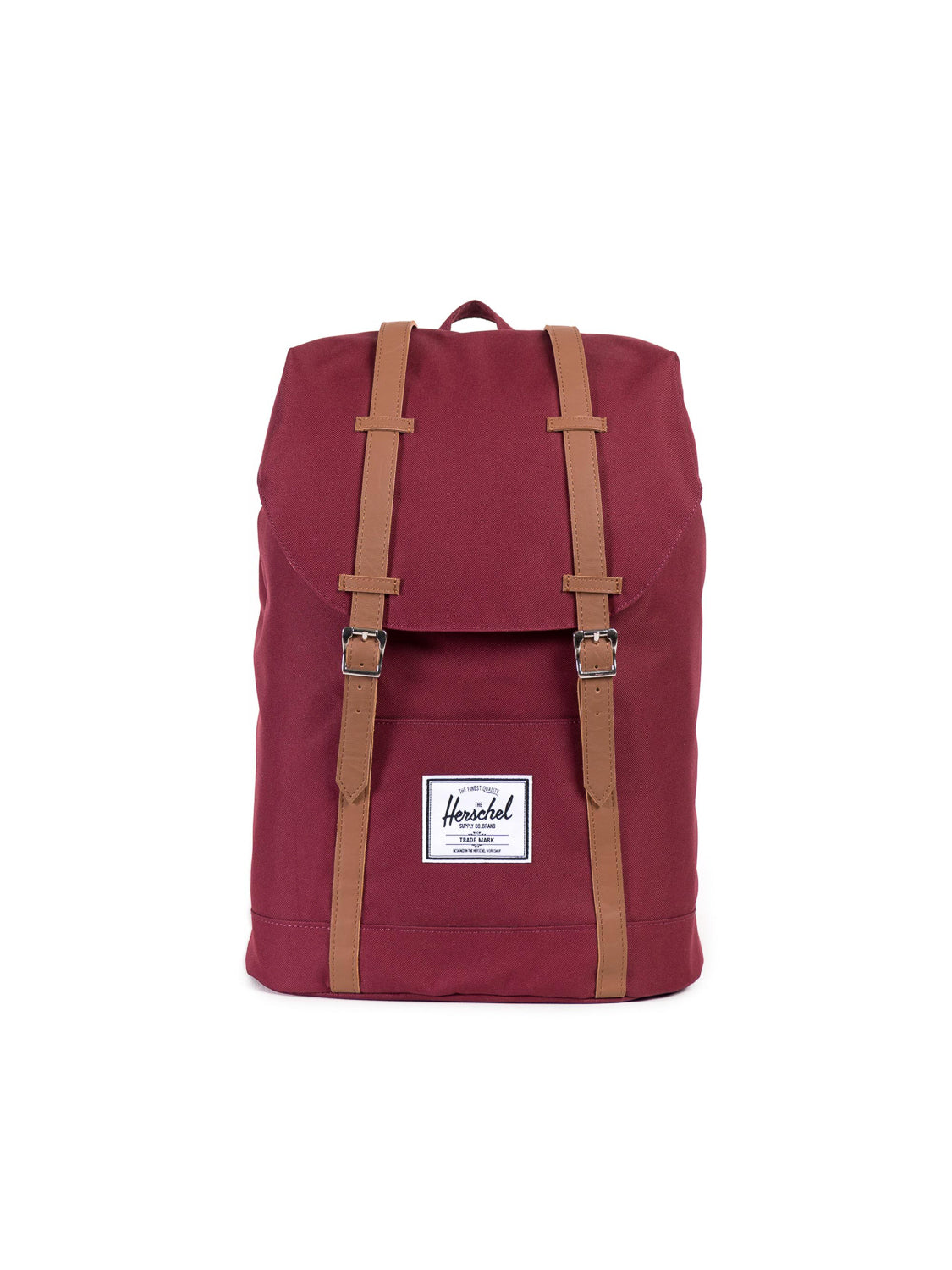 A maroon Herschel Retreat Backpack with brown straps and buckles, featuring a white rectangular Herschel label on the front pocket, photographed on a plain white background.