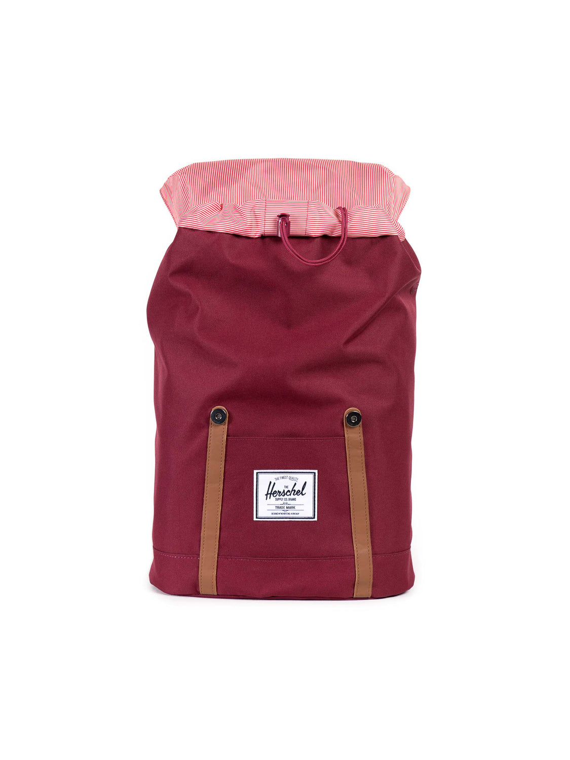 The Herschel Retreat Backpack features a red canvas design with brown straps, a white logo patch, and a pink-and-white striped lining—combining style and function as a laptop sleeve backpack.