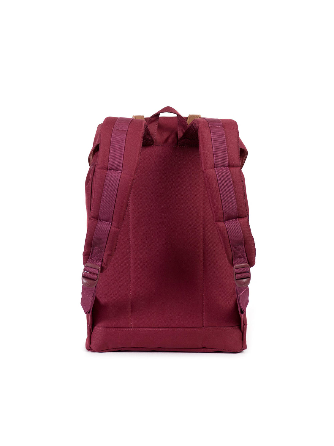 The Herschel Retreat Backpack in maroon is shown from the back, highlighting padded shoulder straps, a top carry handle, and a clean, minimalist design.