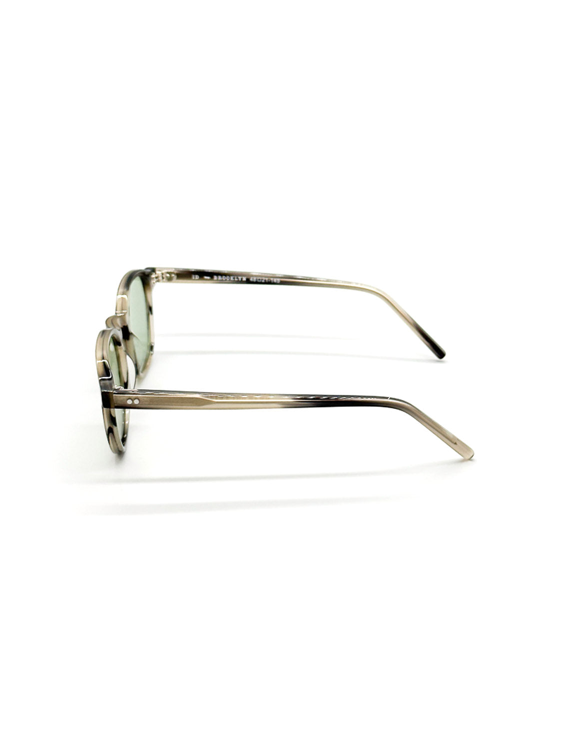 Side view of A144C36LG ID Polarized Sunglasses by ID Menswear, featuring round lenses, green-tinted frames, translucent beige temples, and UV400 protection—all set against a white background.