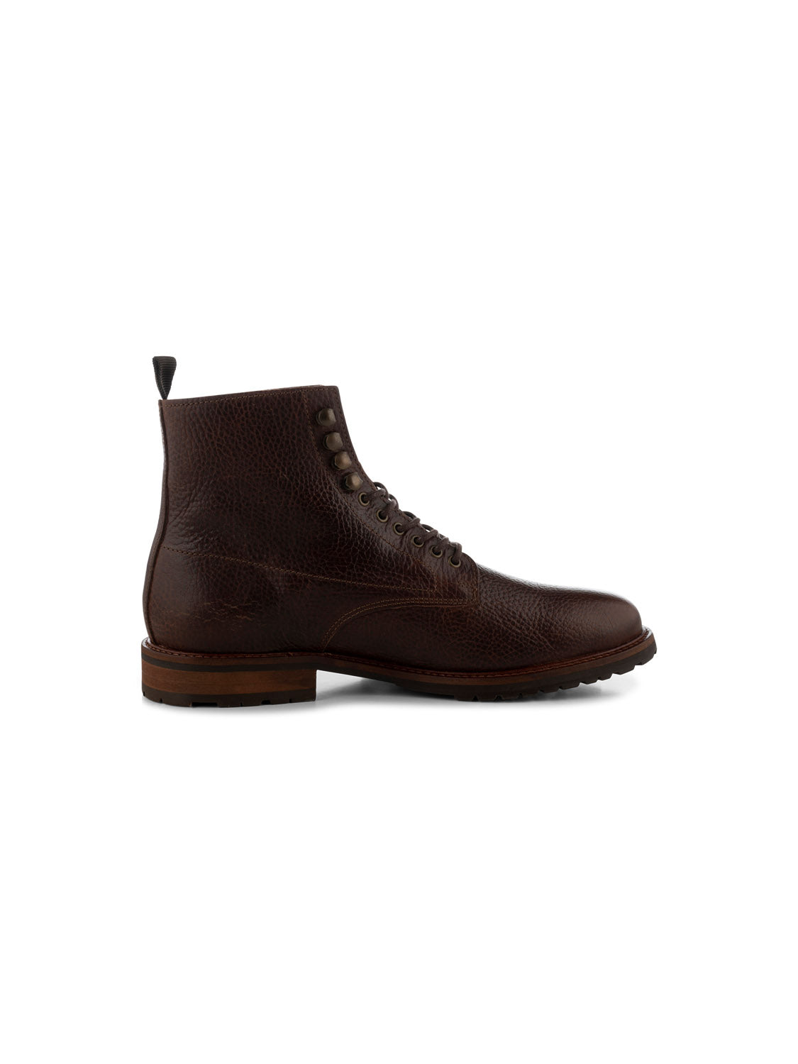 The York Lace Up Leather Boot from Shoe The Bear is a brown leather boot with a textured finish, dark sole, and small heel. Handcrafted in Portugal, it features eyelets, laces, and a black pull tab. Made from LWG-certified leather for sustainable style.