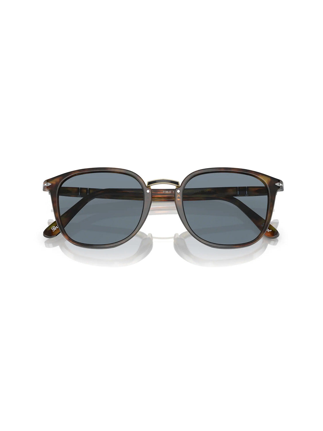 Persol - PO3186 sunglasses feature a tortoiseshell acetate frame with rectangular dark lenses. The Meflecto system ensures supreme comfort and fit, shown against a plain white backdrop by brand Persol.