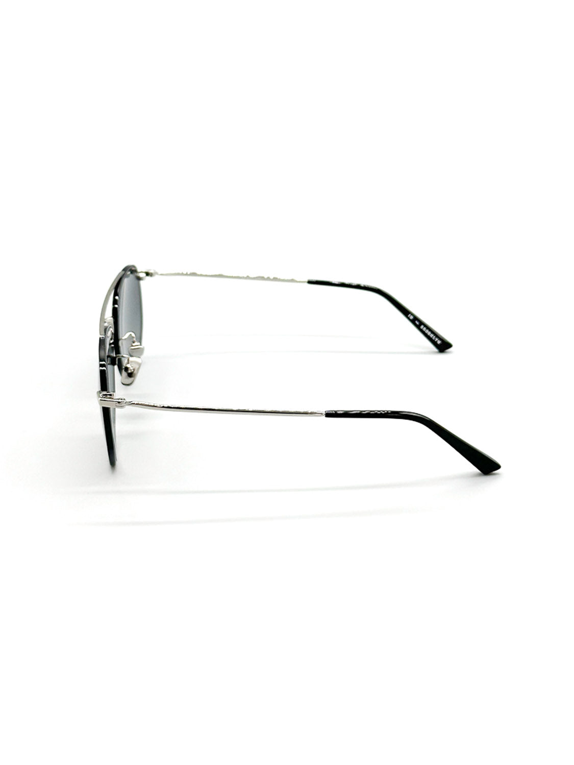 The M417GG ID Polarized Sunglasses by ID Menswear, featuring slim metallic frames, dark CR39 polarized lenses, and black temple tips, are shown in side view on a white background. These sunglasses provide UV400 protection.