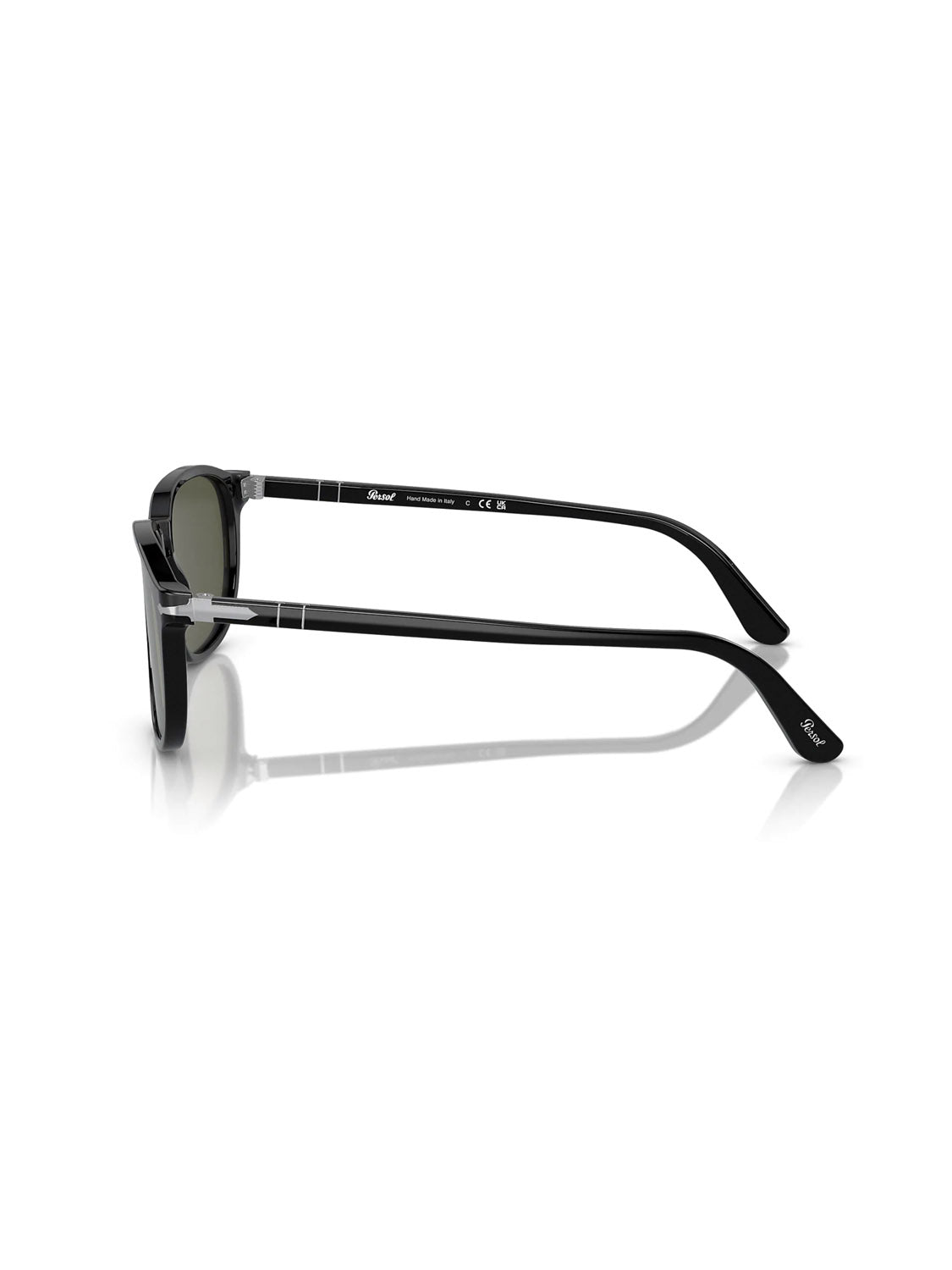 Side view of Persol - PO3019 sunglasses featuring black square frames, dark lenses, and slightly curved arms with subtle white lines near the hinges. Set against a plain white background, their shadow is visible beneath.