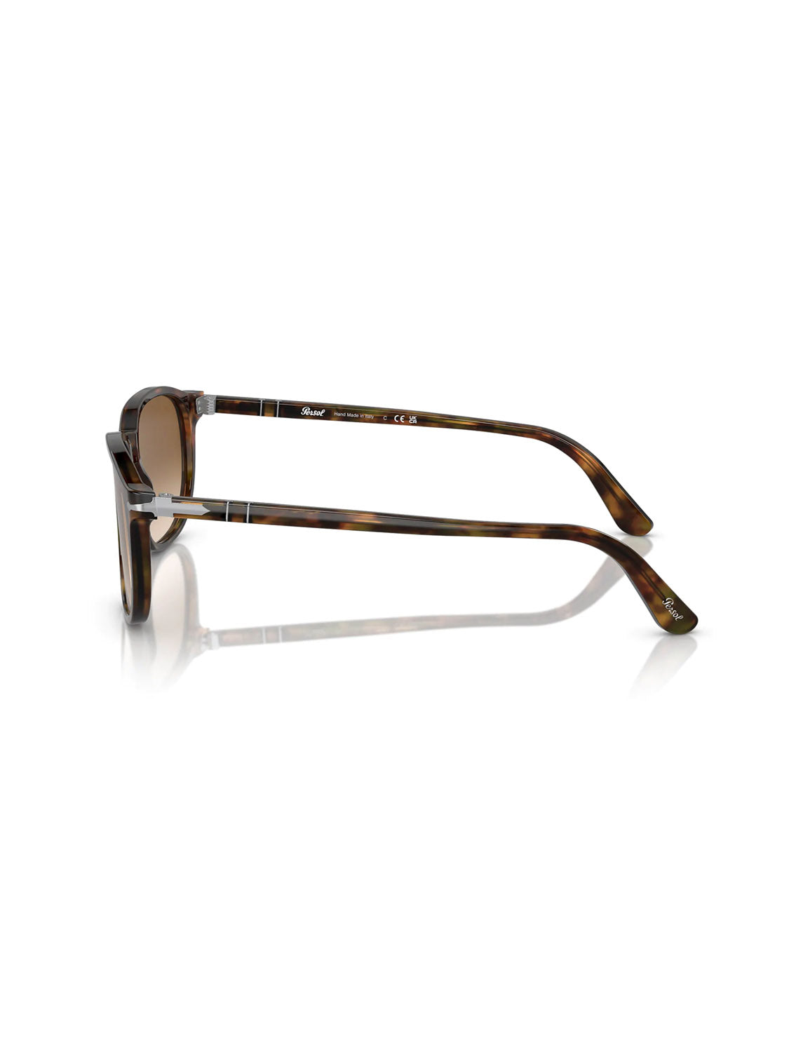 Side view of Persol - PO3019 brown tortoiseshell sunglasses with Crystal Lens Acetate Frame and white stripe on the temple arms, against a white backdrop.