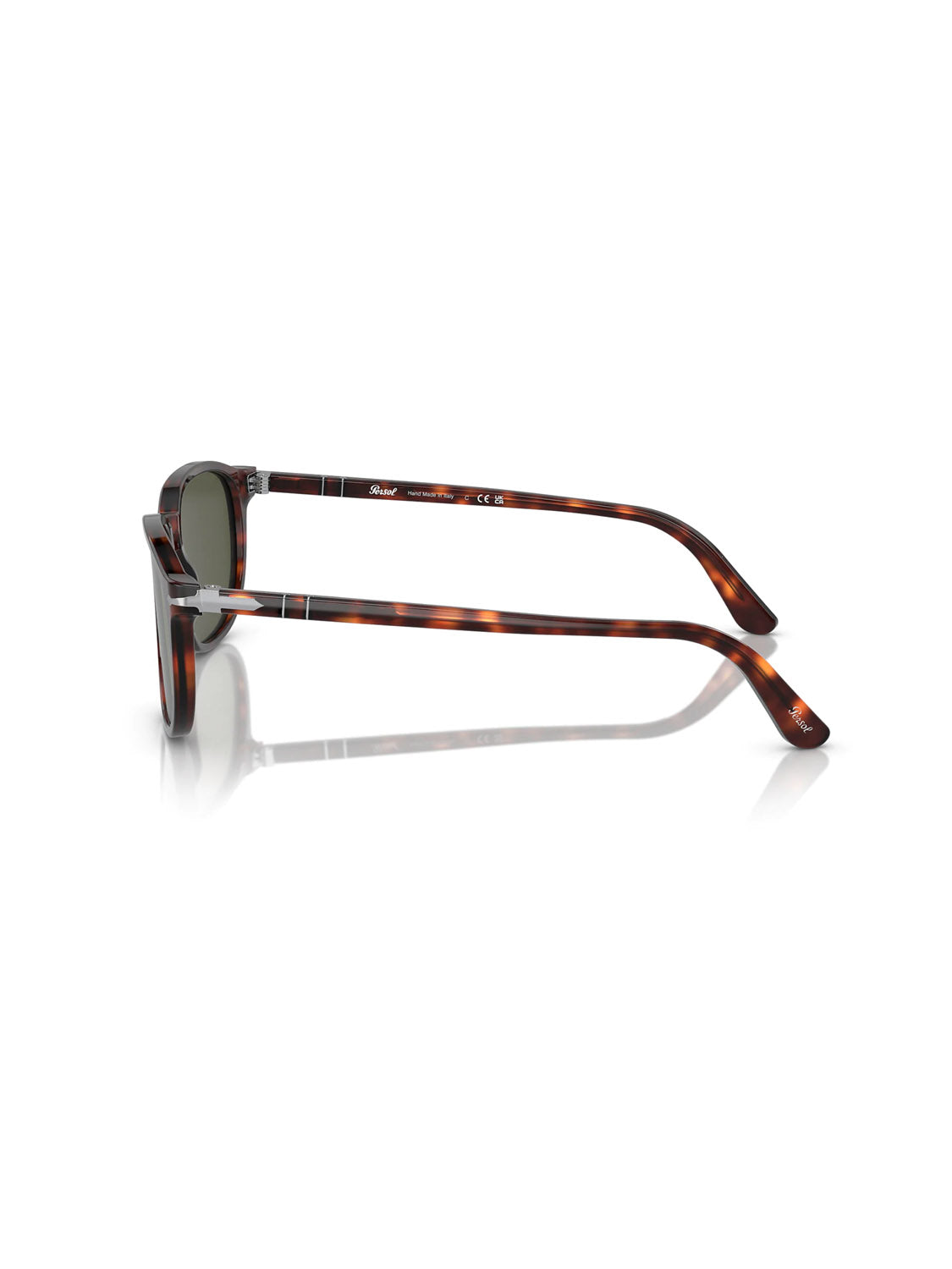 Side view of Persol PO3019 tortoiseshell sunglasses with dark crystal lenses on a reflective surface. The acetate frame features straight arms, subtle Persol branding near the hinges, and the Meflecto system for enhanced comfort.