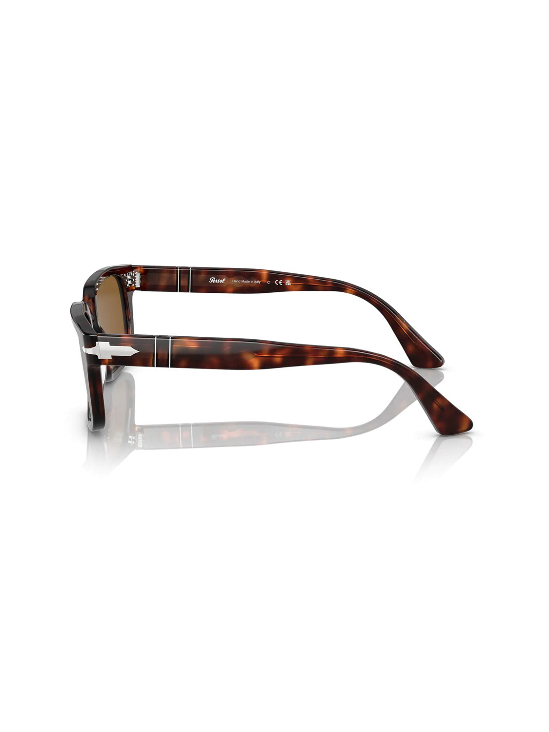Side view of Persol - PO3272 eyewear by Persol, showcasing a D-frame silhouette with wide arms and rectangular frames on a reflective white background. The frame features a subtle brown gradient with a glossy finish, enhanced by the signature Meflecto system for exceptional comfort.