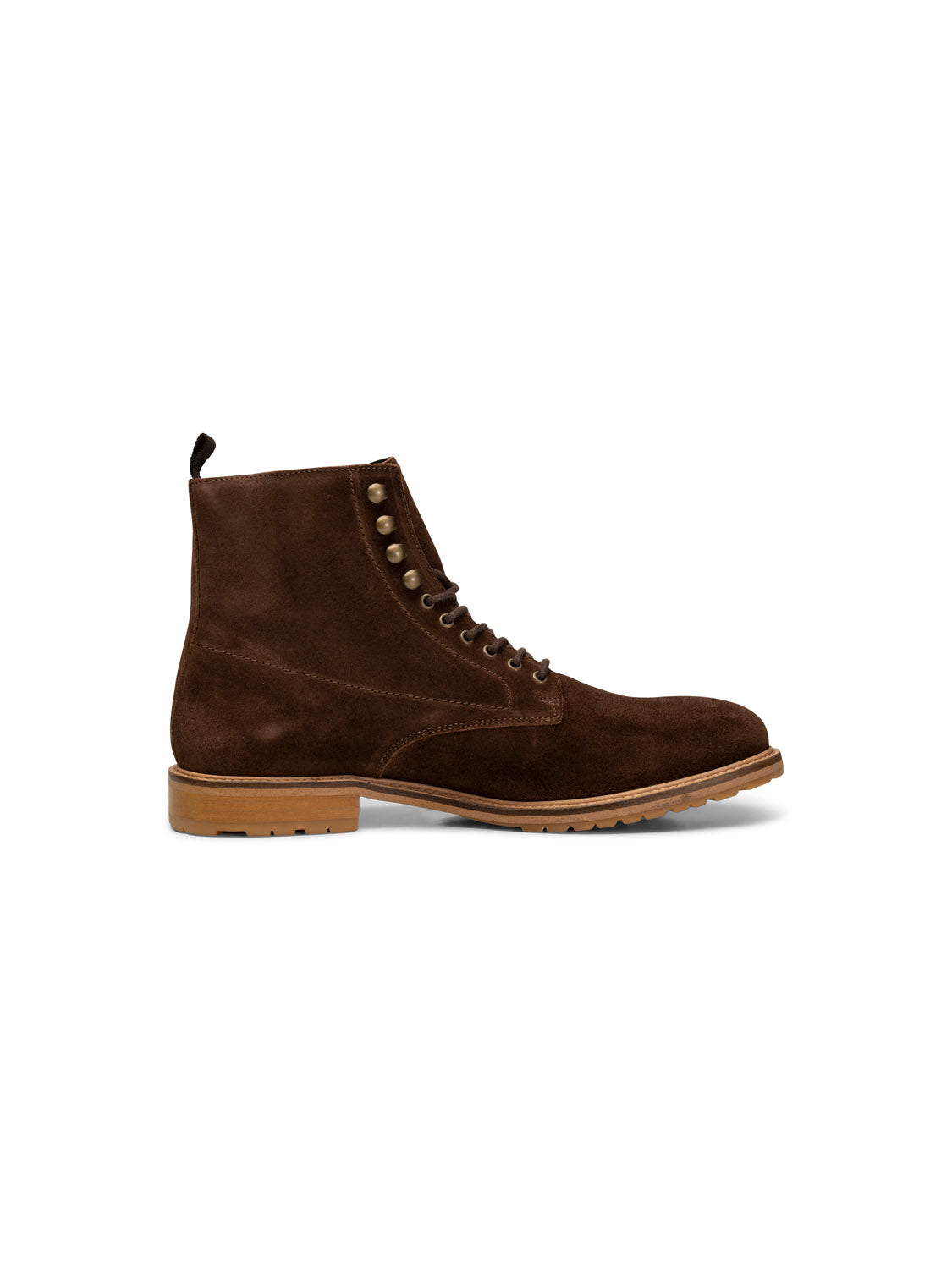 The York Suede Lace Up Boot by Shoe The Bear is a brown suede boot with metal eyelets, a round toe, and a black back pull tab. Made from LWG-certified suede with a light brown rubber sole, its handcrafted in Portugal and shown against a white background.