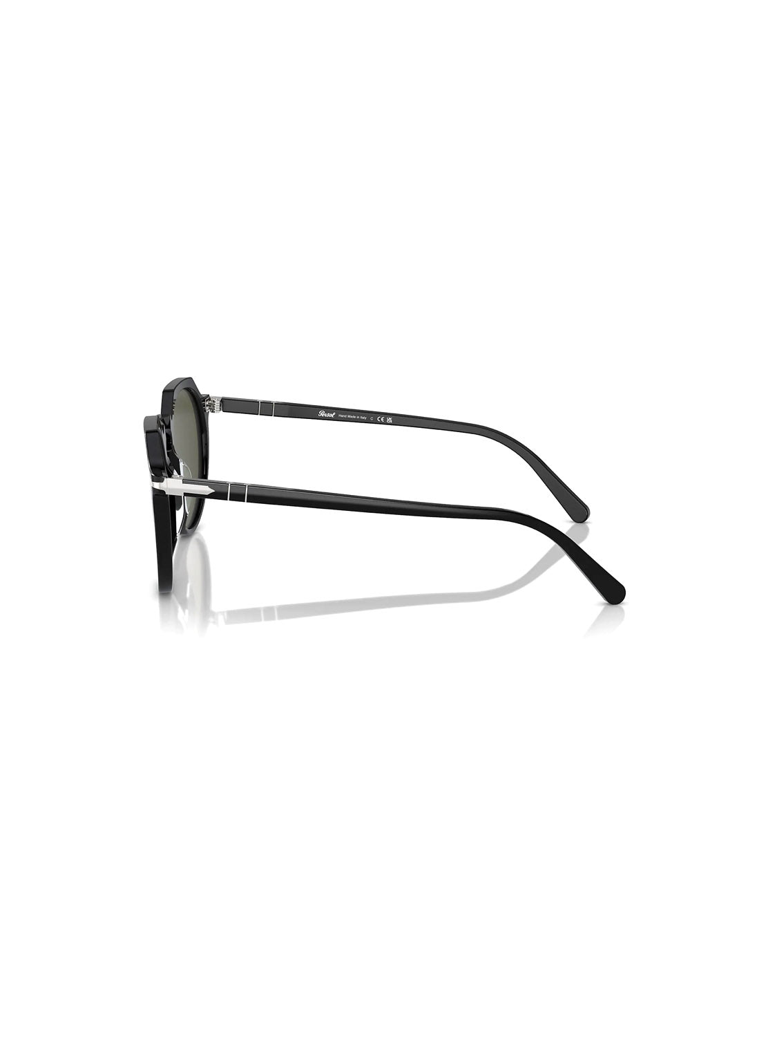 Side view of the Persol - PO3281 sunglasses, featuring a black rectangular acetate frame with dark lenses and sleek temples. The minimalistic design echoes vintage Persol style, casting a subtle shadow on the white surface.