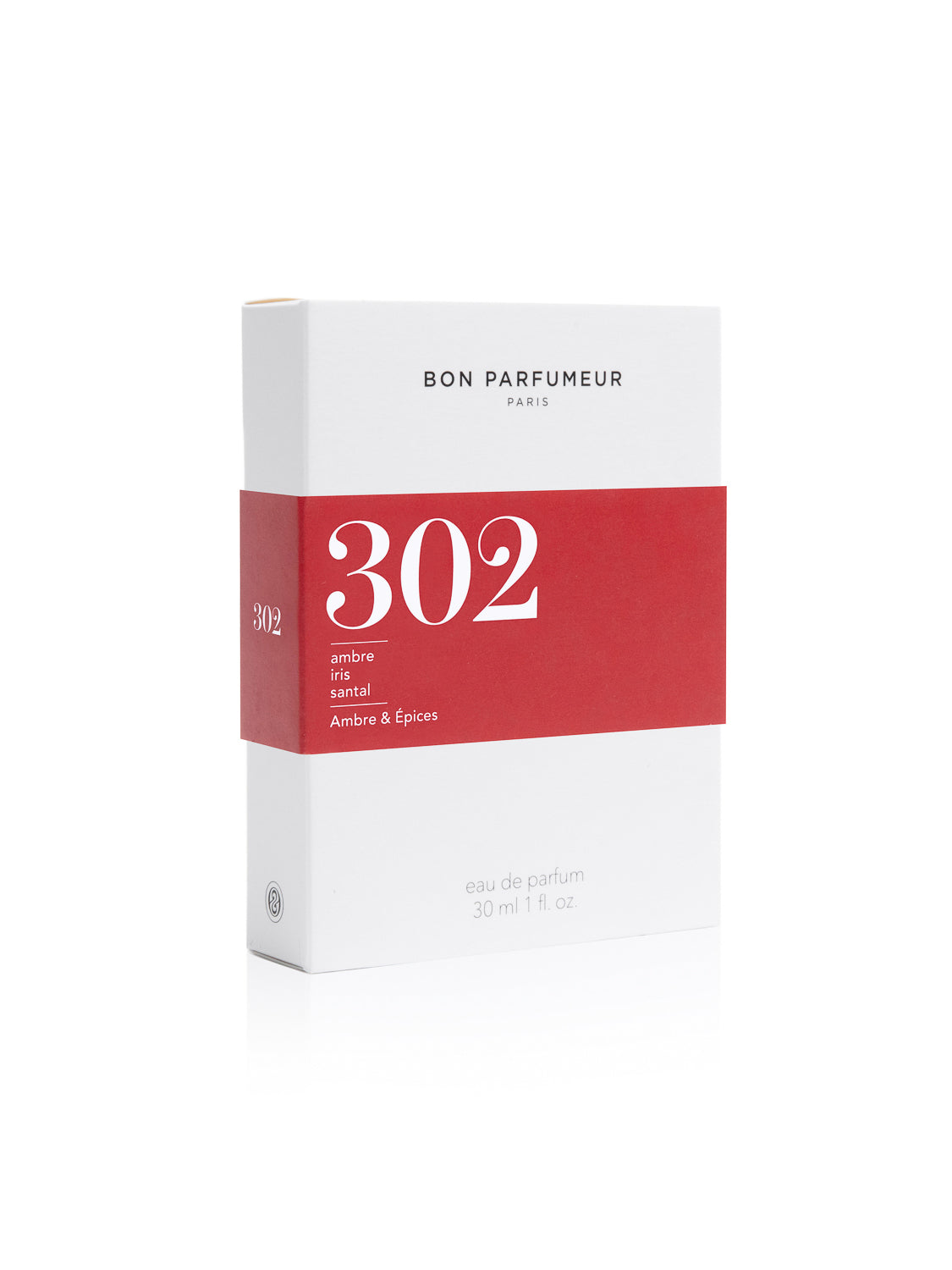The white Bon Parfumeur box with a red label reads 302 and lists notes of amber, incense, spice, and sandalwood. It contains 30 ml (1 fl oz) of this enchanting eau de parfum.