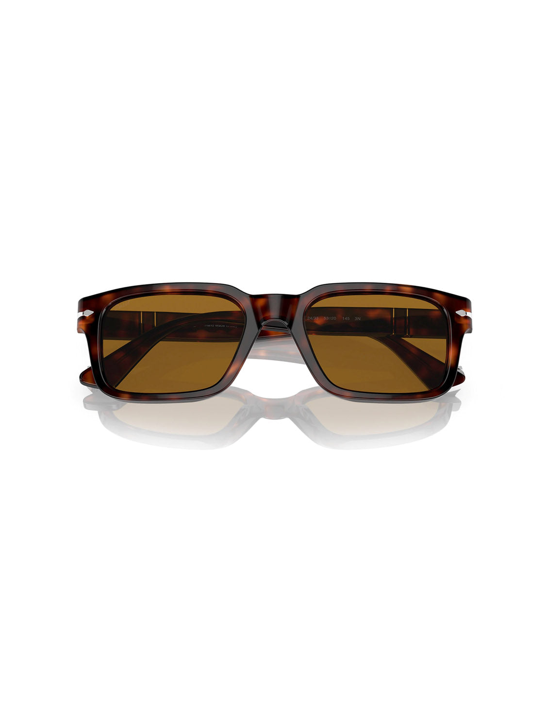 Persol - PO3272 features a tortoiseshell rectangular D-frame silhouette with brown lenses, displayed on a white background with a reflective shadow.