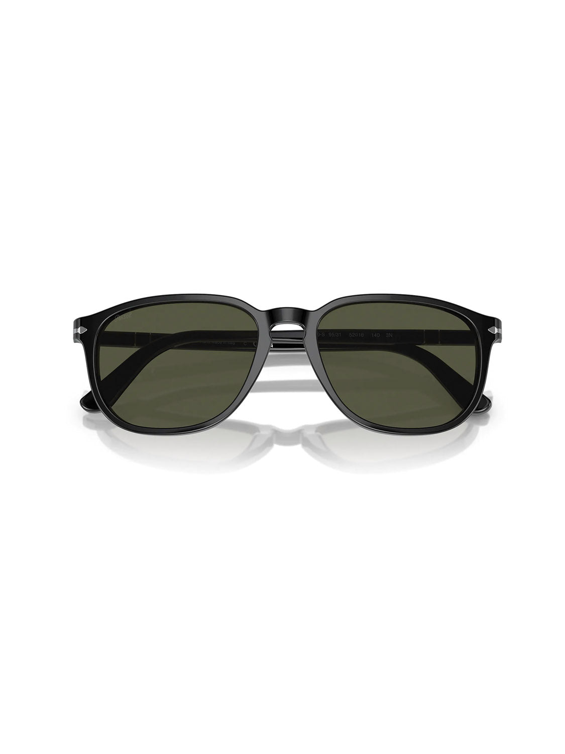 The Persol - PO3019 sunglasses feature a glossy black crystal lens acetate frame with a slight curve and square-shaped style. The dark green lenses, set against a white background, are delicately tinted to reflect minimal glare.