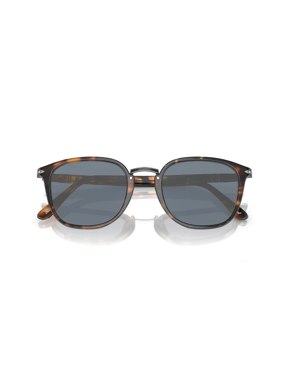 The Persol PO3186 sunglasses feature dark lenses, a tortoiseshell frame, a double bridge design, and the iconic Meflecto system, all set against a plain white background.