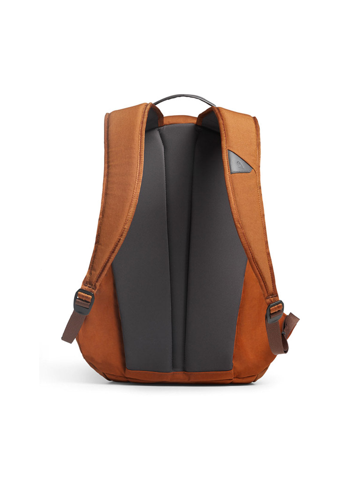 Rear view of the Bellroy Classic Backpack - 20L, crafted from recycled materials, showing padded black back panels, adjustable shoulder straps, a top handle, and a small triangular patch near the upper right strap, on a white background.