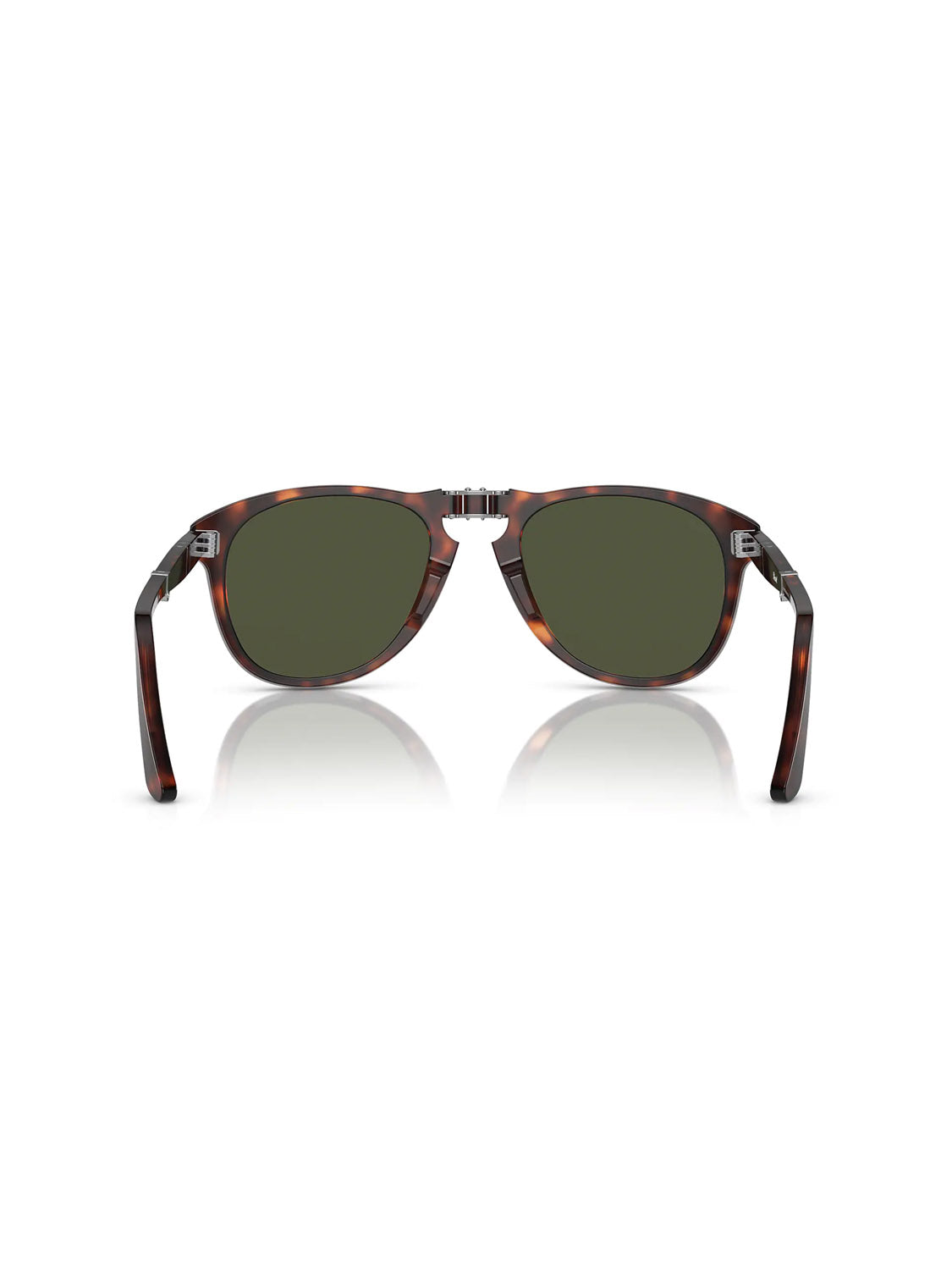 Front view of Persol - PO714 sunglasses featuring a tortoiseshell acetate frame and dark lenses, resting on a reflective surface against a white background.