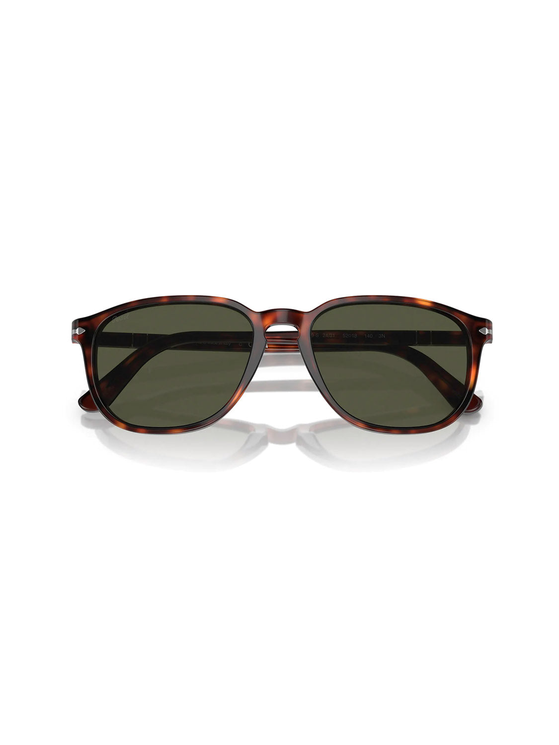 Persols PO3019 sunglasses feature a square-shaped tortoiseshell frame with dark green lenses and are designed using the innovative Meflecto system, all presented against a clean white background.