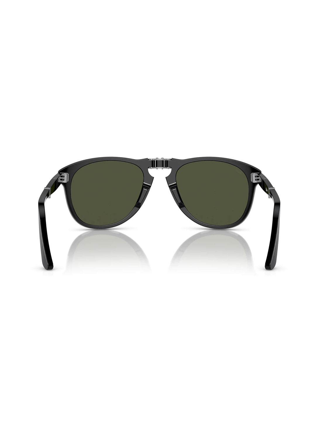 The Persol PO714 sunglasses showcase black acetate frames and dark green crystal lenses, with the arms slightly open as they are reflected on a white surface.